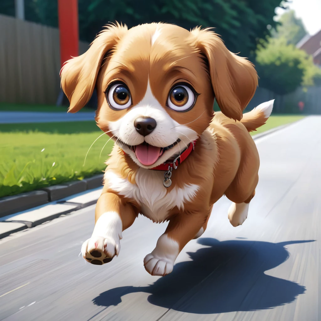 (((absurdres, highres, ultra detailed, HDR, master piece, best quality, extremely detailed, delicated features, noise removal))), Super realistic, cute furry puppy with big eyes running happily.