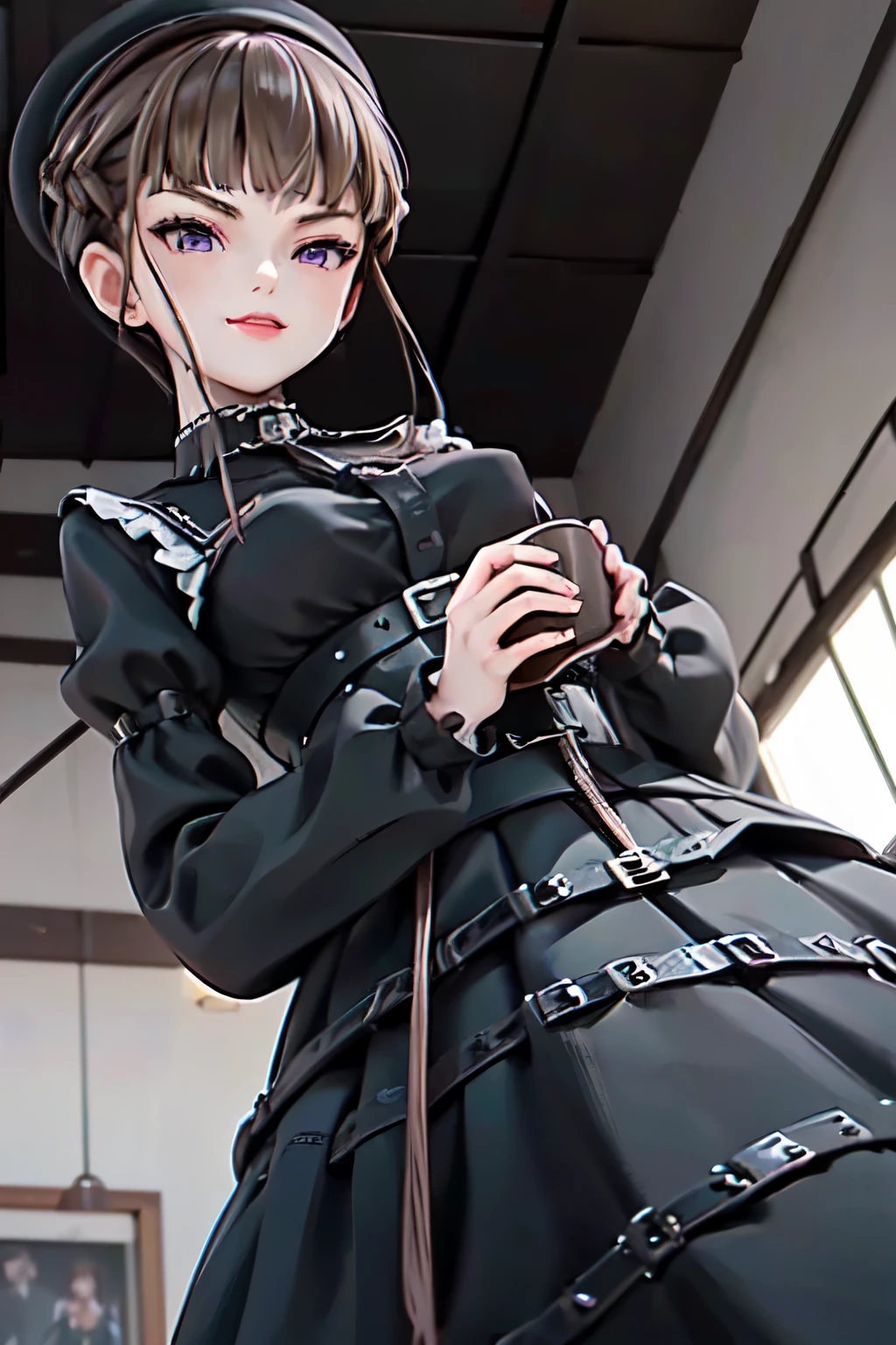 ((Thank You)), Short Hair, braided hair, Brown Hair, Purple eyes, bangs, woman, Alone, (l34th4rdr3ss), long sleeves, leather dress, frills, black dress, juliet sleeves, corset, puffy long sleeves,hat,temple、Medieval period