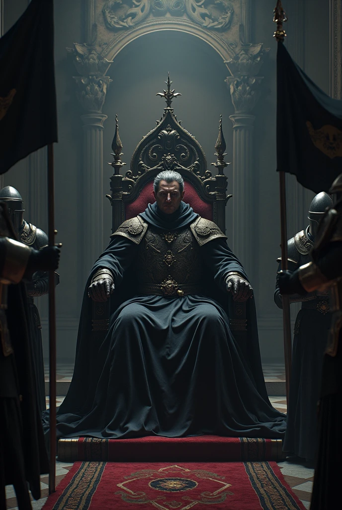 A Man Stands on a Throne (uniforme de police), il rigole, machiavellian, Was, Orange Cinematic Lighting, 32K, ultra HD |, Moteur de rendu Unreal, Hyperrealistic image