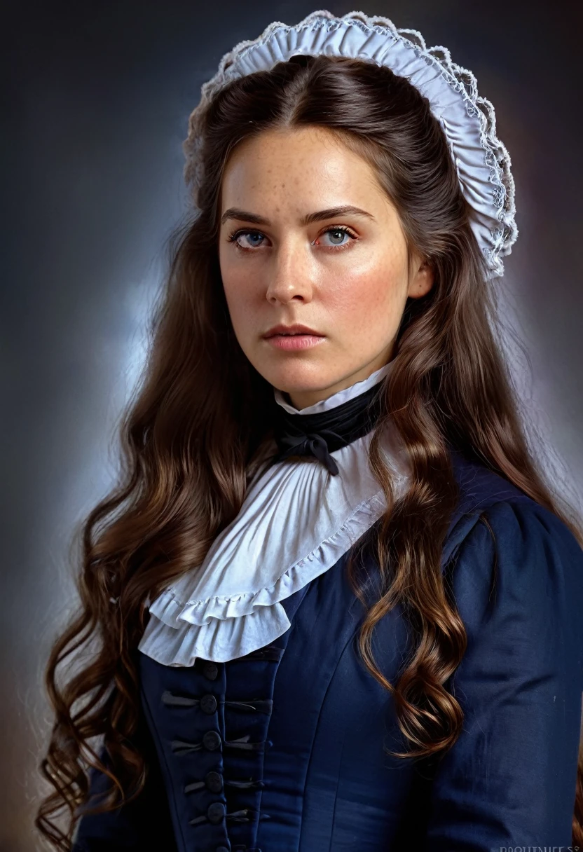 A beautiful American woman, historical figure, in the Civil War, detailed portrait, long flowing hair, intense eyes, regal expression, traditional 1800's clothing, dramatic lighting, vivid colors, cinematic composition, (best quality,4k,8k,highres,masterpiece:1.2),ultra-detailed,(realistic,photorealistic,photo-realistic:1.37),digital painting