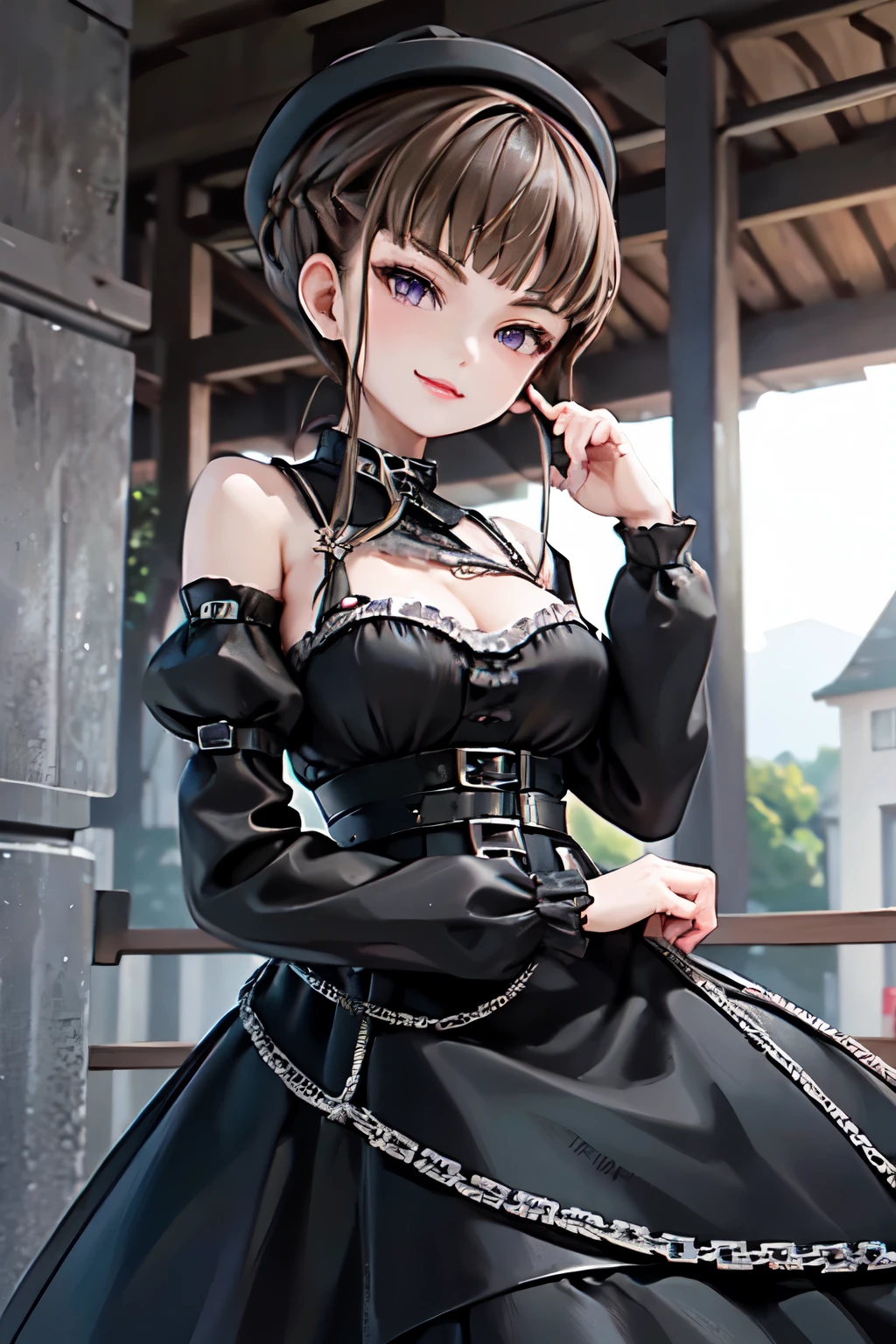 ((Thank You)), Short Hair, braided hair, Brown Hair, Purple eyes, bangs, woman, Alone, (l34th4rdr3ss), long sleeves, leather dress, frills, black dress, juliet sleeves, corset, puffy long sleeves,hat,temple、Medieval period