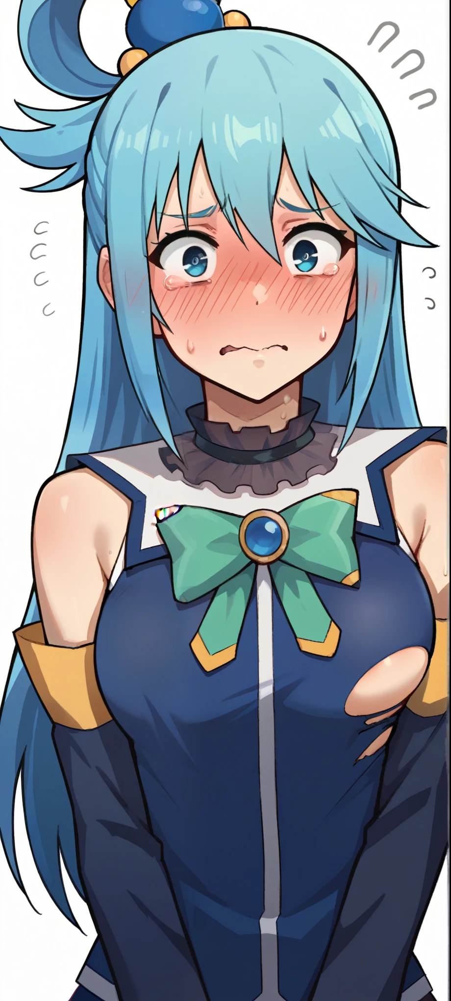 1girl, aqua heres , thought about it, ,aqua (konosuba), score_9, scoregrumpy, Alone, ((blush)) , (blush), (is embarrassed), (is embarrassed) ,(all the clothes are torn),  ,(sneaks),((absolutely white background)), (cover your pussy and breasts with your hands), ((upper body)), high , slim body proportions 