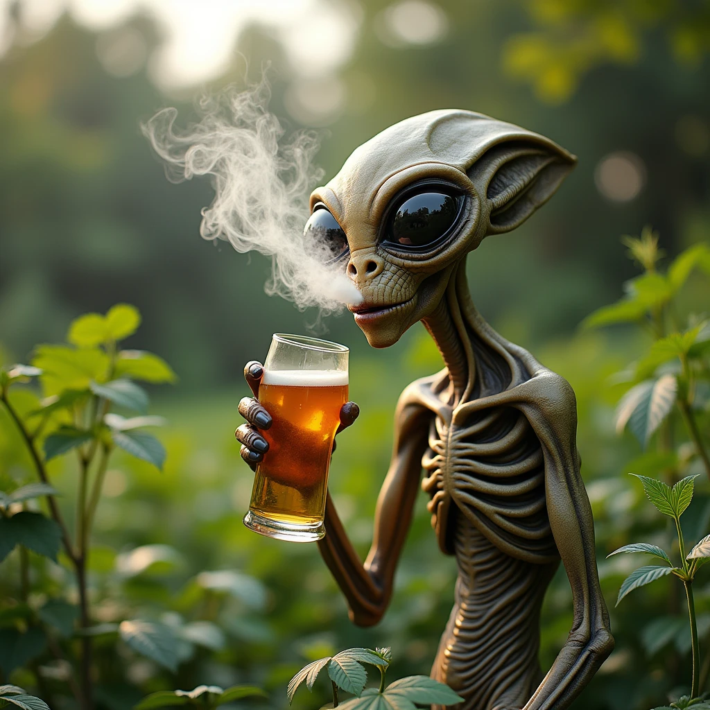 An alien sits drinking beer on the porch of a cottage in the rain.