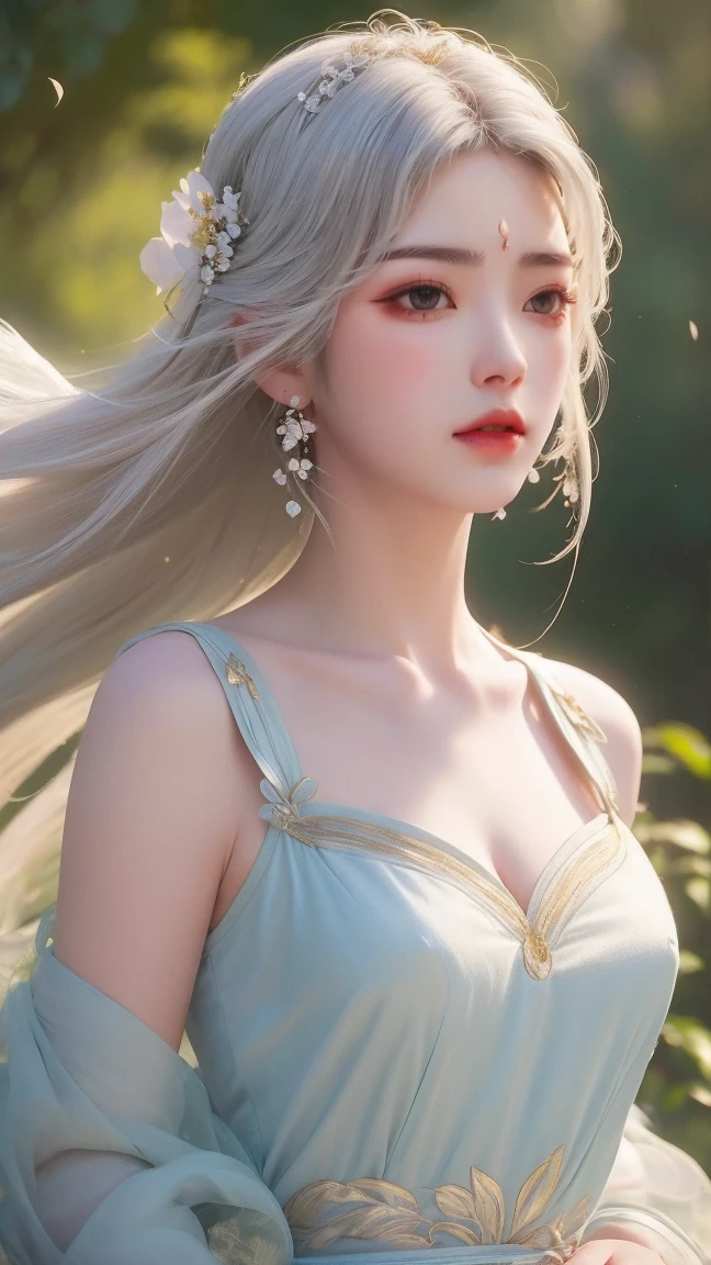 (best quality,ultra-detailed,photorealistic:1.37),vivid colors,studio lighting,beautiful detailed eyes,beautiful detailed lips,extremely detailed eyes and face,long eyelashes,portraits, white hair,confident expression,feminine,standing in a garden,soft sunlight, scenery,flower blossoms,peaceful atmosphere,artistic touch,textured brushstrokes,subtle color variations,brilliant white highlights,delicate movements,graceful pose,slight breeze,rustling leaves,sophisticated style,professional artwork,female beauty.