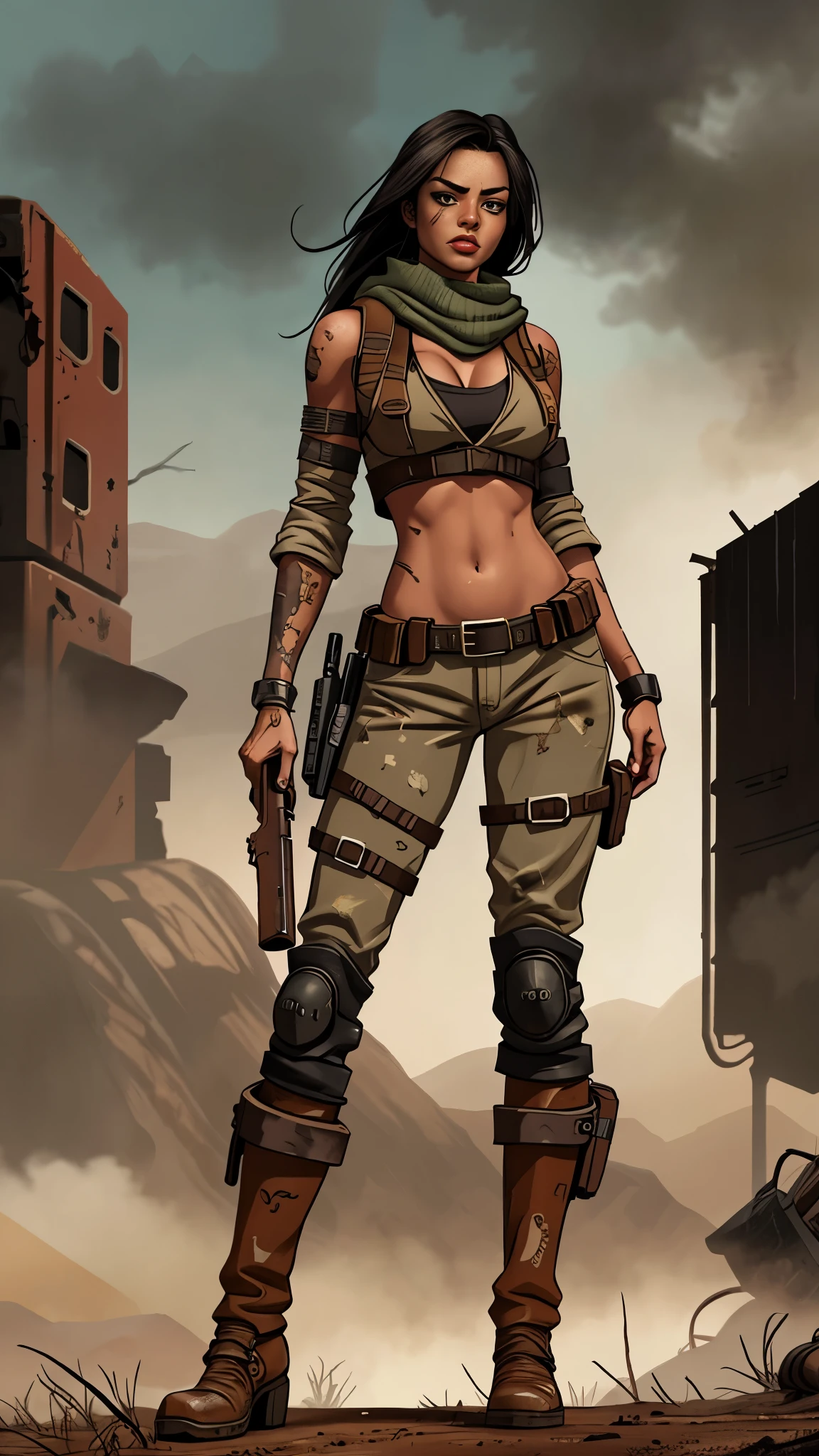 an attractive woman [gunslinger:bounty hunter:0.4] standing in a apocalyptic wilderness