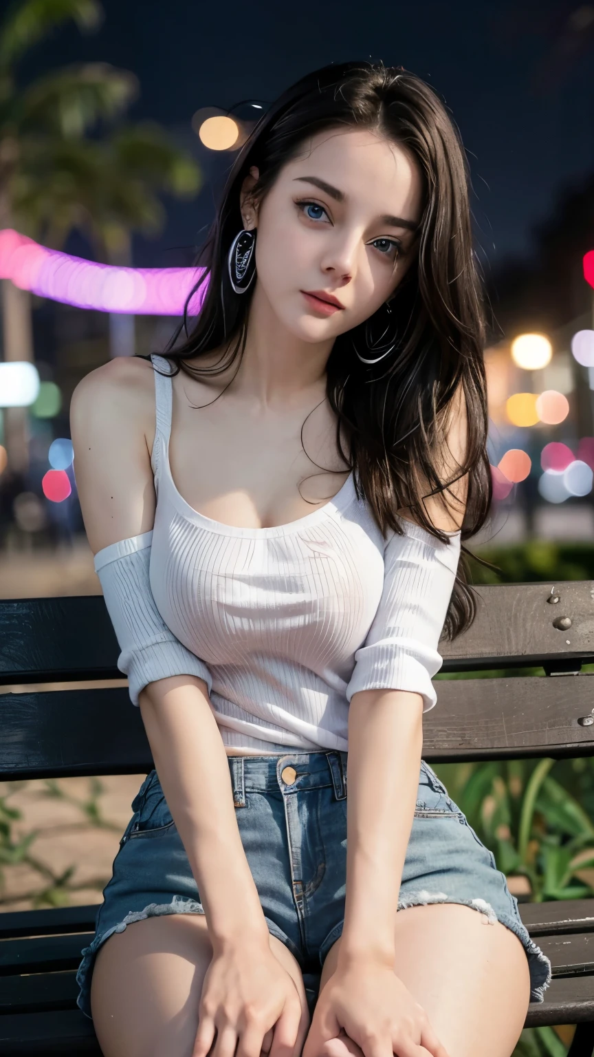 young attractive sexy woman, 1, cute baby face, blue eyes, (panties,Small tight jeans shorts:1.2), Big Breasts, Light black hair, Long Hair, Earrings, (sit on bench in public street at night), (From head to end of skirt) ,8k, RAW Photos, Highest quality, masterpiece,Highest quality