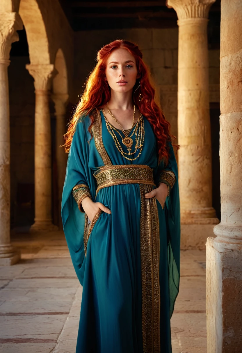 full body shot, A beautiful Israeli woman, historical figure, in biblical times, detailed portrait, long flowing red hair, intense eyes, regal expression, traditional biblical clothing, walking in an ancient Roman palace, dramatic lighting, vivid colors, cinematic composition, (best quality,4k,8k,highres,masterpiece:1.2),ultra-detailed,(realistic,photorealistic,photo-realistic:1.37),digital painting