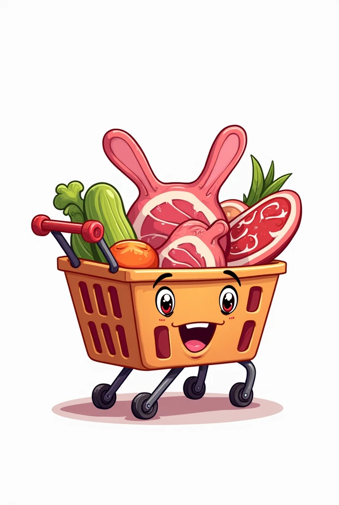 Make me a picture of the white bear Bimbo in the supermarket with his cart full of healthy food, fruits and vegetables