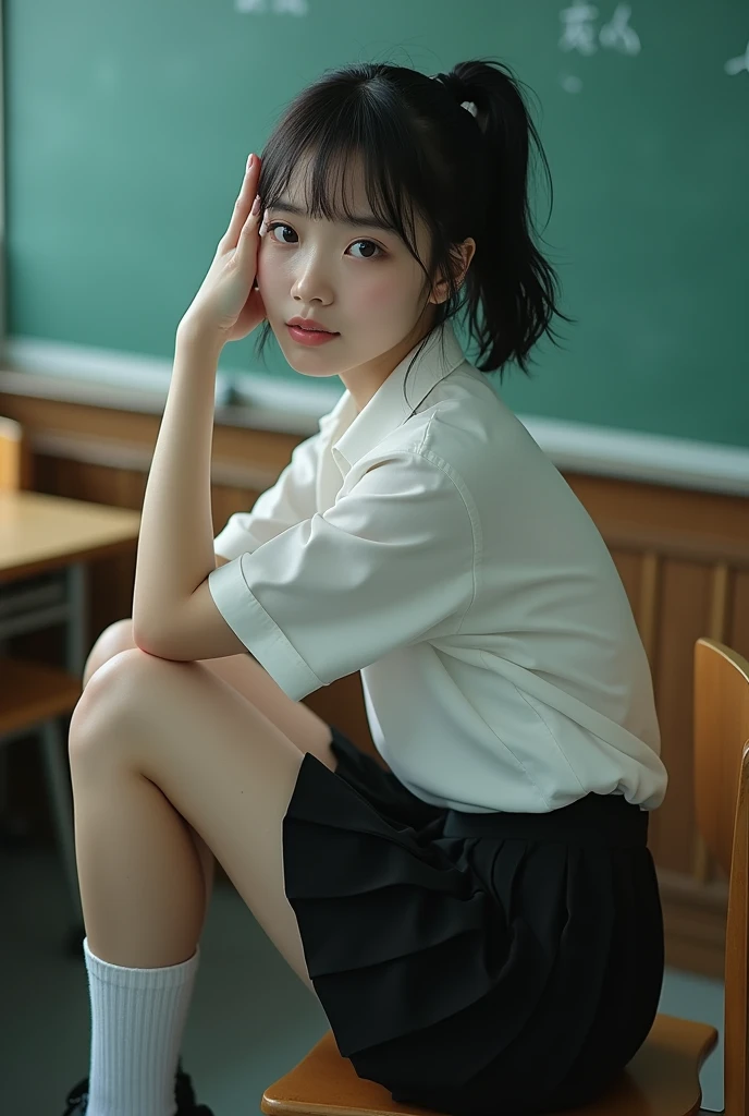 (8K high image quality), (top-quality), (RAW image quality),(masutepiece:1.2), (Realistic), (Photorealistic:1.37), ,largeeyes,long eyelasher,(Live-action realistic style),The Ultimate Face,Photorealistic light and shadow,Clear facial features,,Fair skin, ),Best portraits, 1-girl, Cute,Beautiful detailed eyes,highlydetailed skin,(Beautiful face with double eyelids), (Realism: 1.4),((fullbody image)) ,delicate and beautiful face,,Female about 20 years old,(Beautiful Face 1.4),Short hair,((Japan high school girl in uniform)),(Find your audience and smile),red lipsticks,Lame around the eyes,((Shot in the classroom)),(Sit down while showing panties),panties fully visible.,Pastel colors panties,(I like to show my panties to viewers),(Show your panties to your audience),((Japan schoolgirl uniform)),((Brightly lit beautiful face)),red lipsticks,Lame around the eyes,Shooting at close range,School uniform, Short sleeve,Shot up close,((Shooting without creating shadows on the face)),(The classroom is very bright with lighting)..Big