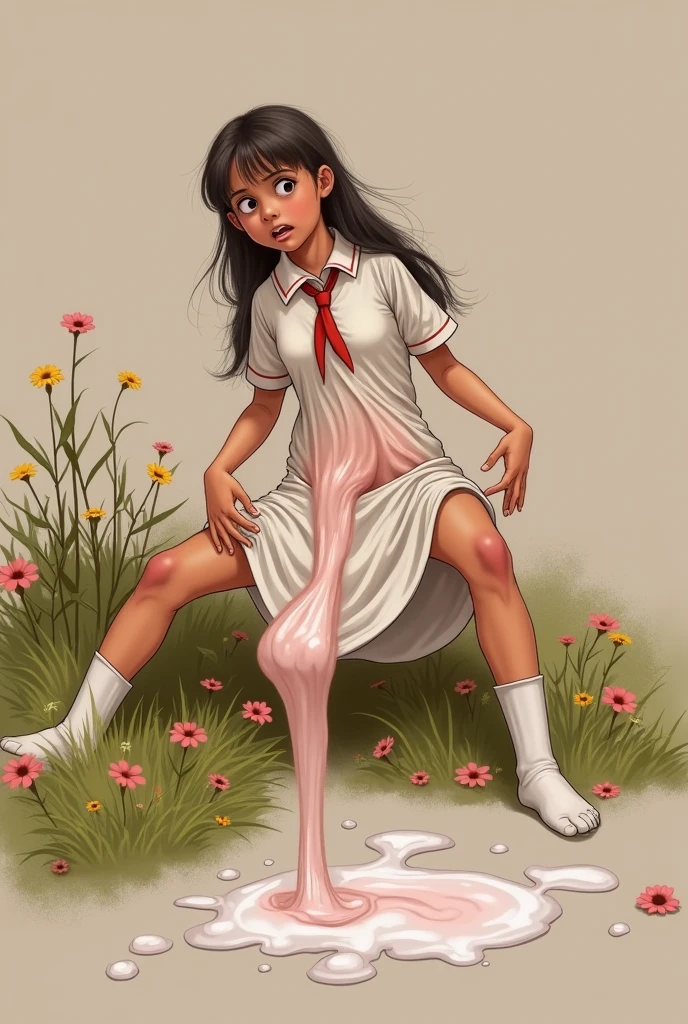 rating_safe, score_9, score_8_up, score_8_up, wet skin, small breasts, ebony skin, cute face, ???-like proportions, dark eyes, (((black hair, short curly hair))), cotton plantation background, amazing eyes, scared look , low light, negative_hand, , Expressive, 1girl, tiny innocent afro-american slave-girl, shiny dark skin, strawhat, cheap 19th century farmhand clothes, detailed background, being fucked in missionary position by big whiite penis, fucked in dirty cotton field, dirt and plants background, vaginal penetration, huge dick, scared submissive female, perfect face, spread legs and cute feet, creampie, tears