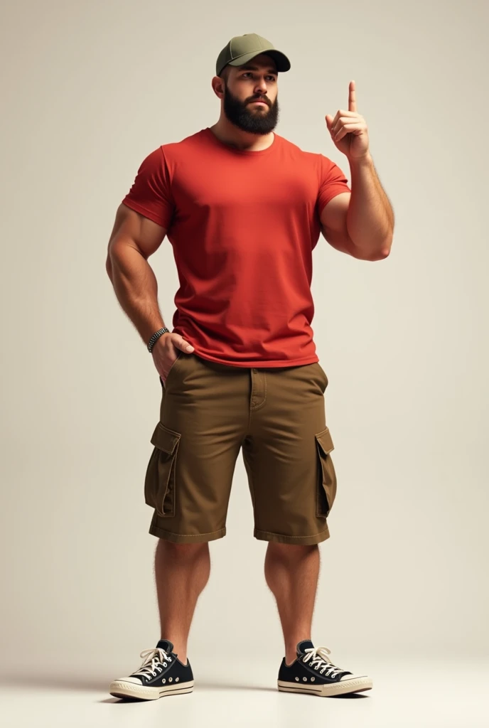 Muscular man wearing a shirt with long shorts Long loose shorts With pockets on the sides with converse sneakers red T-shirt and brown shorts Long short, Normal musculature With beard and baseball cap Realistic musculature