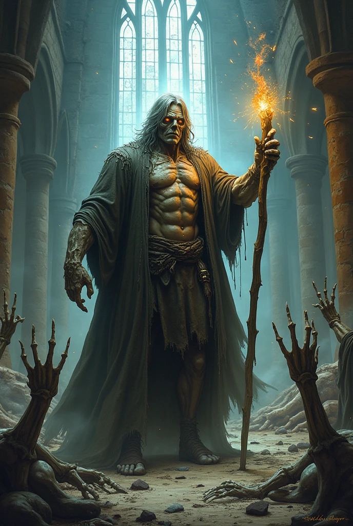 (photorealism:1.2), necromancer, arms outstretched, staff, greatsword, Epic Pose, bald head, crazy eyes, shark teeth, smile