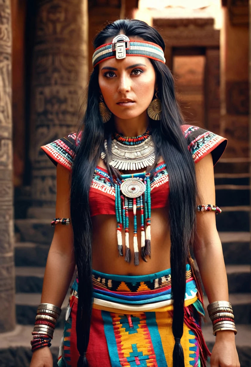 full body shot, A beautiful Aztec woman, historical figure, in biblical times, detailed portrait, long flowing black hair, intense eyes, regal expression, traditional native Aztec clothing, walking in an ancient Aztec temple, dramatic lighting, vivid colors, cinematic composition, (best quality,4k,8k,highres,masterpiece:1.2),ultra-detailed,(realistic,photorealistic,photo-realistic:1.37),digital painting