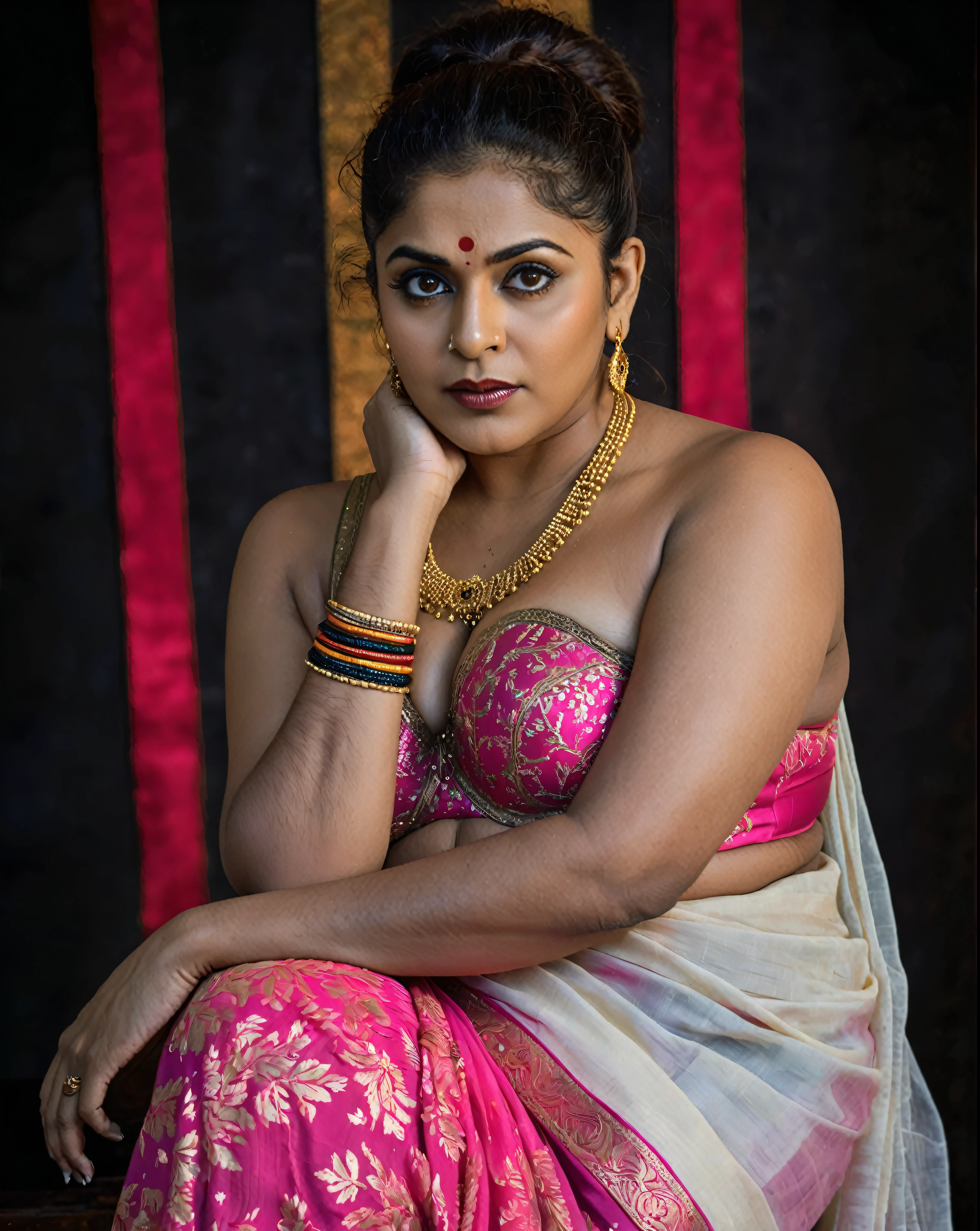 Looks like Nayanthara, (a Close-up Portrait photo of a middle aged Indian woman),(solo), (metalic skin color),(Highly detailed face:1.4)(background inside dark, Moody, Private study:1.3),(split lighting: 1.4)(old indian woman:1. 60, milf, heavy figure, fleshy figure, curvy, thick heavy figure, fluffy hair, mallu aunty, thick fleshy aunty, deep juicy navel, deep cleavage, styled dreadlocks hair,swag,extremely detailed armpit hairs,portrait,half body,detailed eyes and face,detailed hair,traditional clothing,aged appearance,royal background,studio lighting,vibrant colors,dignified expression), Nikon D850, film stock photograph ,4 Kodak Portra 400 ,Camera f1.6 shots ,Rich colors ,Ultra photo realsisim ,Lifelike texture, Dramatic lighting , cine still 800, looking extremely sexy in sequin saree and bralette, wear, spicy hot, stunning beauty, ethnic saree style, bulky fleshy figure, she likes to wear saree without bra, Bengali traditional blouseless saree, wearing a stanapatta, traditional Indian strapless bra, looks so hot in modern sleeveless blouse, sexy Sheer Sleeveless Blouse, sexy off shoulder blouse, heavy figure, wide body, showing her sexy stubble armpits, aesthetic, sensually appealing, smokin' hot, Sexy mature aunty, spicy hot, sizzling, sensual desire, sexy navel folds, fleshy figure,