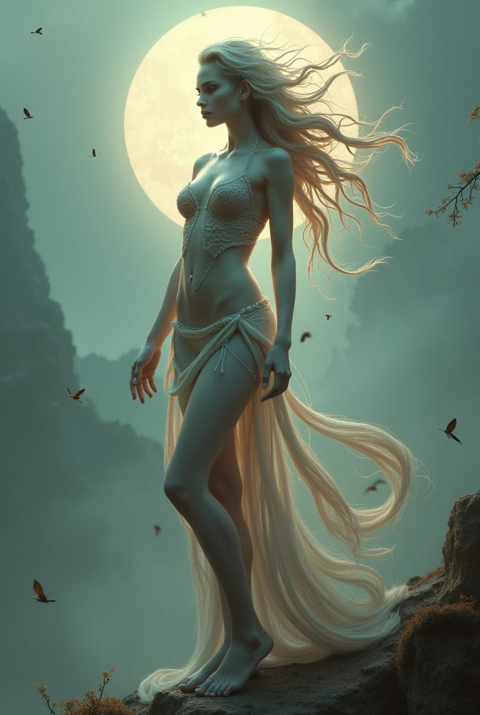 (tmasterpiece), (topquality), (more detailed), (8K), (电影灯光), (sharp-focus), (Precise Anatomy), (photo realism:1.5), (Fantasy art), Beautiful woman and white wolf, handsome girl, raised by a white wolf, next to the wolf, The wolf approaches the viewer with a kind muzzle, wolf blue eyes, Eyes sparkle, Meeting face to face, A girl с красивым лицом, A very young girl), ((A girl 16 лет)) lips ajar, blonde goddess, (NSFirl without clothes, A girl, naked ass, blue eyes, Detailed Face, Happy Look, perfectly proportional breasts, big breastes, skinny waist, bellybutton, large tities , thights, blond hair, blonde woman, hairlong, silver case design, Silver sandals, silver stockings, Wolves have a large body, ferocious, (Correct anatomy), (A sense of speed:0.8), (Background mixture:0.8), (Windy storms:1.1), dramatic lighting, thick fog, Fog of the Abyss, universe, Orion Nebula, star universe, Very bright morning sunlight,