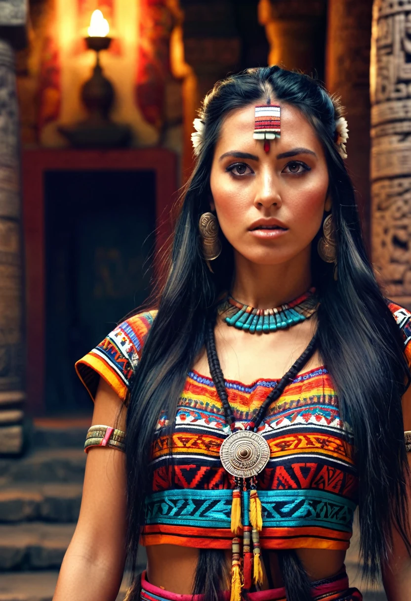 full body shot, A beautiful Aztec woman, historical figure, in biblical times, detailed portrait, long flowing black hair, intense eyes, regal expression, traditional native Aztec clothing, walking in an ancient Aztec temple, dramatic lighting, vivid colors, cinematic composition, (best quality,4k,8k,highres,masterpiece:1.2),ultra-detailed,(realistic,photorealistic,photo-realistic:1.37),digital painting