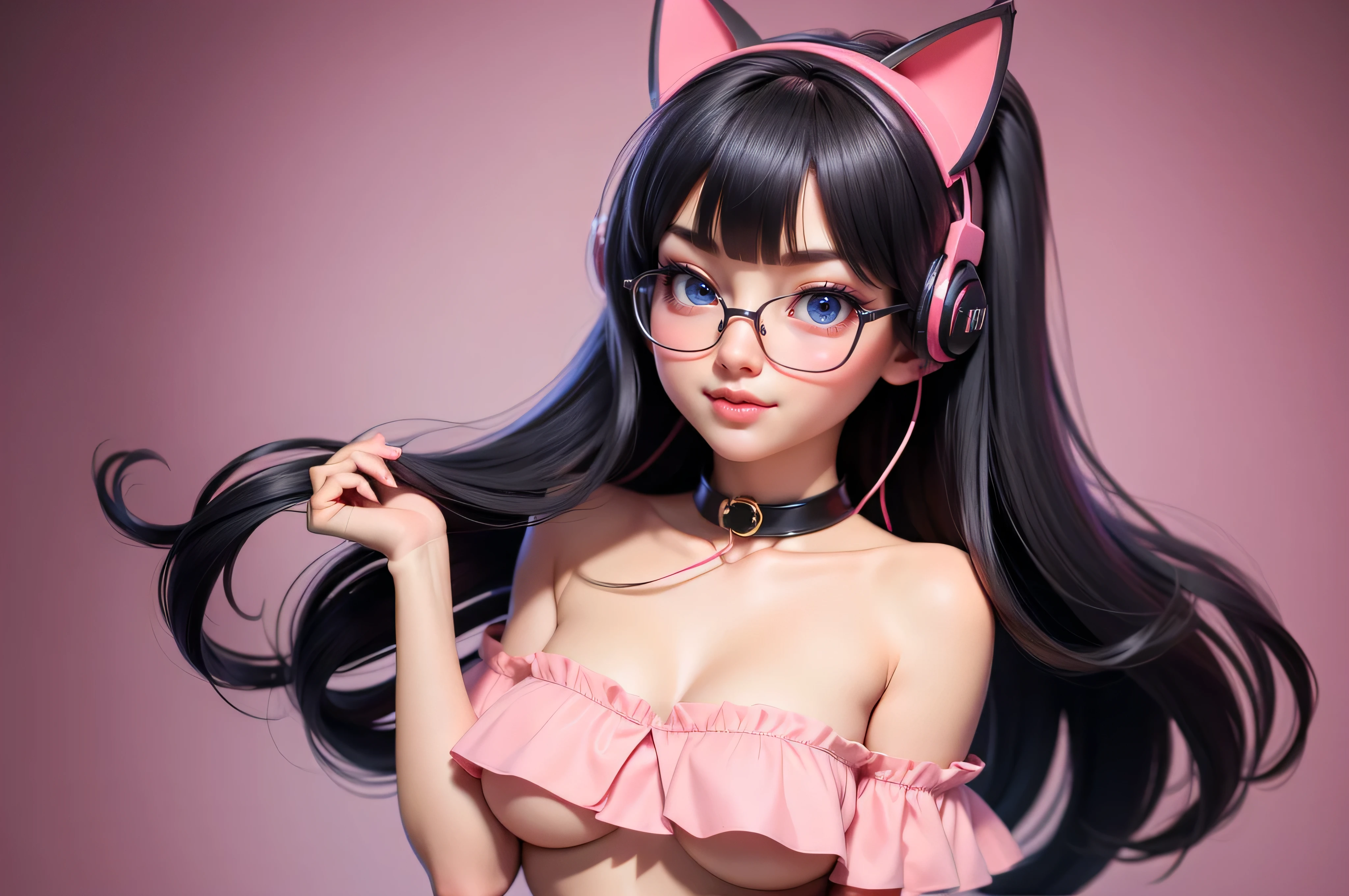 1girl, cute japanese girl, big eyes, sexy face, seductive smile, solo, stylist long hair, bangs, see through, hot erotic red crop top, navel, neon aqua eyes, double eyelids, pink perfect areolae, wear gamer headset, cat ears headset, sexy gamer girl, collar, collarbone, red sensual lips, off shoulder, natural small breast, flat chest, cleavage, show her underboobs, erotic, nsfw, glasses, blush, seductive smile, cute face, looking at viewer, sexy pose, bright green flat background, dark black hair, simple background, sexy pose, lips, closed mouth, ribbon, hair ribbon, stellar earings, bangs, upper body, parted bangs, red ribbon