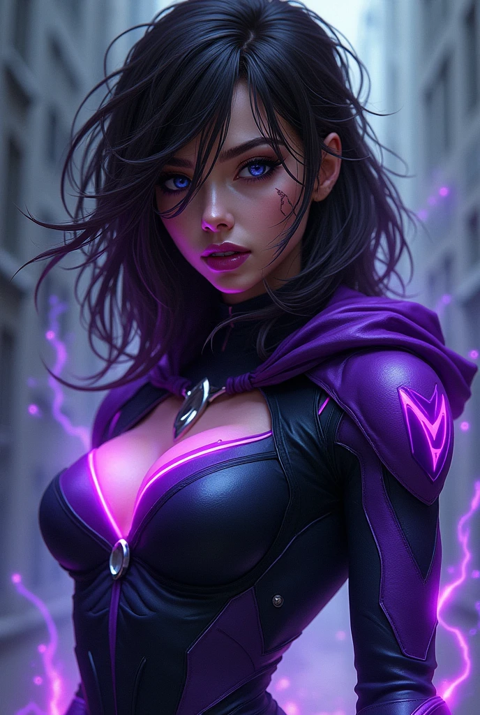 Free fire female gamer character, black hair with purple mask on the eyes with a dark blue crop top with white and blue angelic markings
