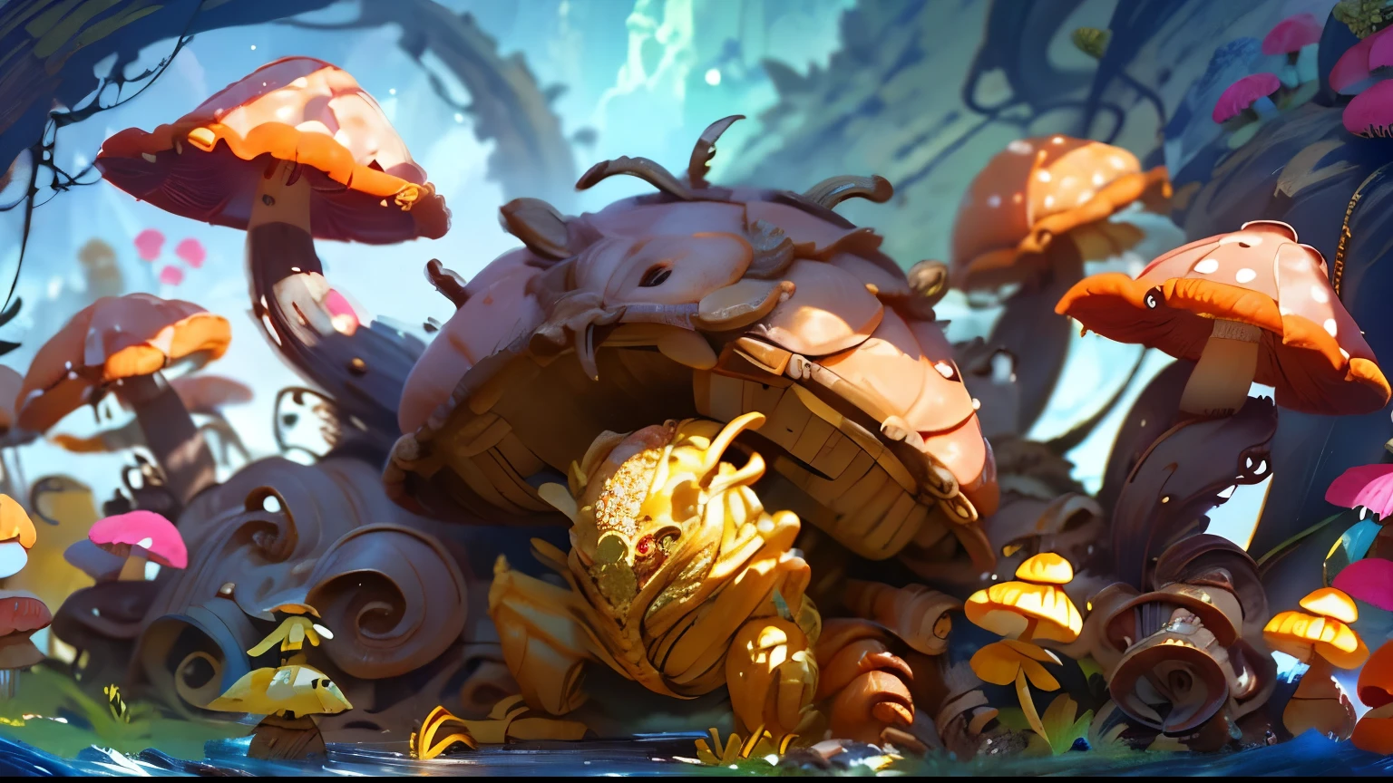 a crab beast with many eyes covered by the mushrooms along its body