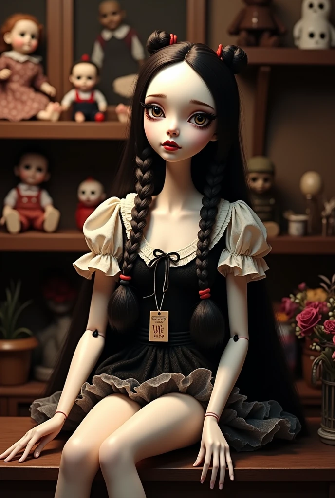 1porcelain doll, low twintails with white rose, black hair, detailed face, ((emotionless expression)), ((lifeless)), plain white skin, plain white eyes, long eyelashes, (gaze down), black eye liner, white face makeup, gray lipstick, black dress, (white ornate), medieval theme, (dark horror theme), cold lighting, white lighting, (dust), sitting lean on the wall, (tilt head), (sitting in dark conner of doll shop), (doll shelf), porcelain doll, (masterpiece:1.2), super detailed, best quality