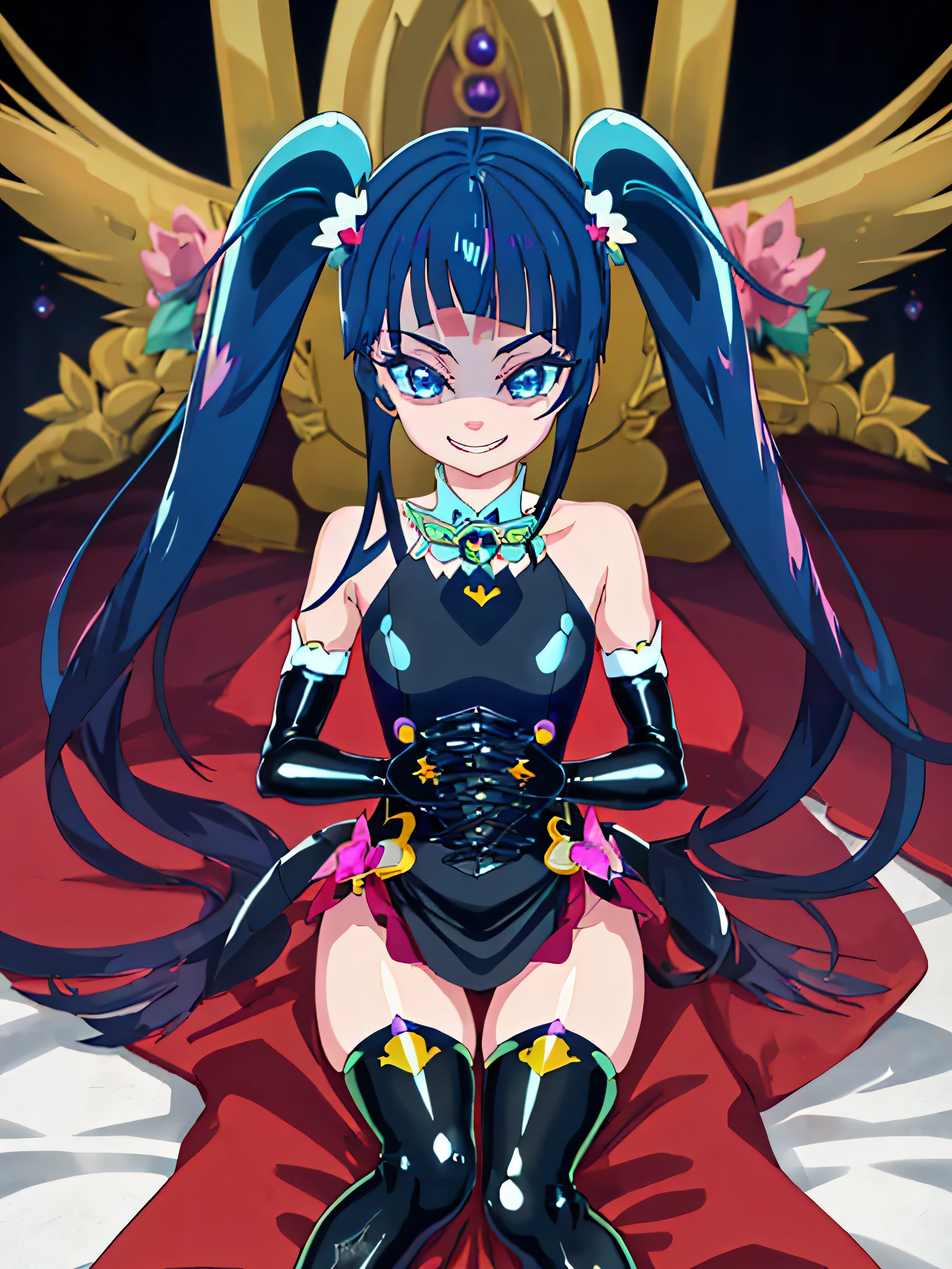 Highest quality, Very detailed,One Girl, alone, {cure_null_hirogarunullprecure:1.15}, Dark blue hair, blue eyes, Blue flames in the eyes, Long Hair, Twin tails, Magical girl, bangs, Open your mouth, Redhead, multicoloRedhead, One Girl, blunt bangs, Darken your clothes, hair ornaments, Wicked Smile, devilish aura (Shiny fabric:1.5), Full Body Shot, Purple Gemstone, attractive, blush, (Beautiful attention to detail:1.6), Very detailed顔, Perfect lighting, Extremely detailed CG, (Perfect hands, Perfect Anatomy), devil, Red and black color scheme, Shiny material, Grin, Black ribbon, black satin gloves, Evil clover leaf ornament, Black frills, jewelry, corruption, Latex Gloss, Black Gothic Cape, Wicked Smile, Dark World Background, , cloudy null, CG Style, One-sided black wing,Dark shadowed face,Sadistic smile,Malice,Contempt,smile,black,Perfect hands,Perfect body,shiny latex Elbow full gloves