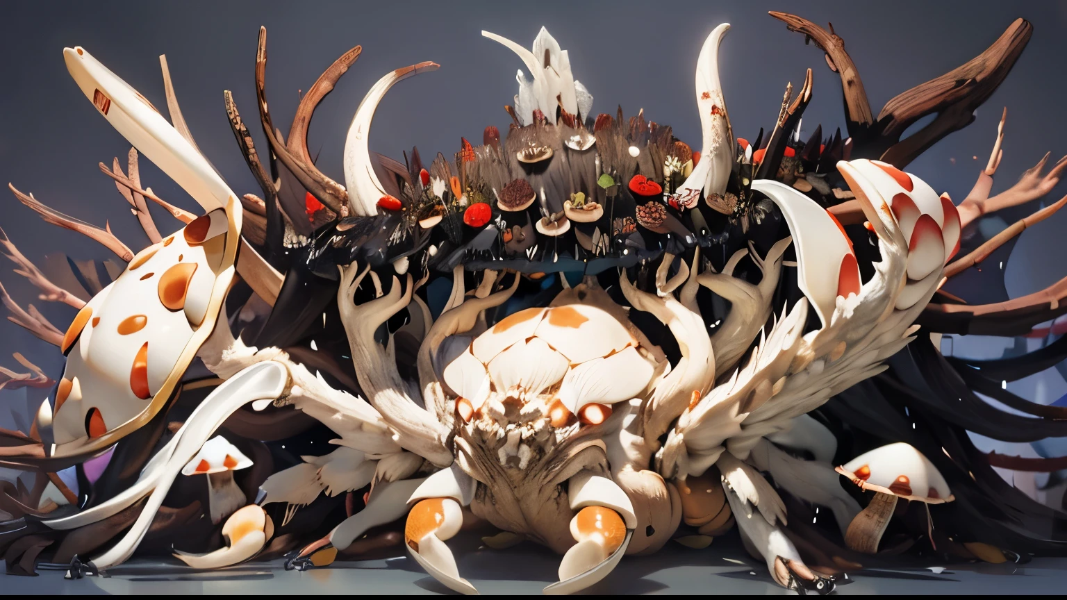 a crab beast with many eyes covered by the mushrooms along its body