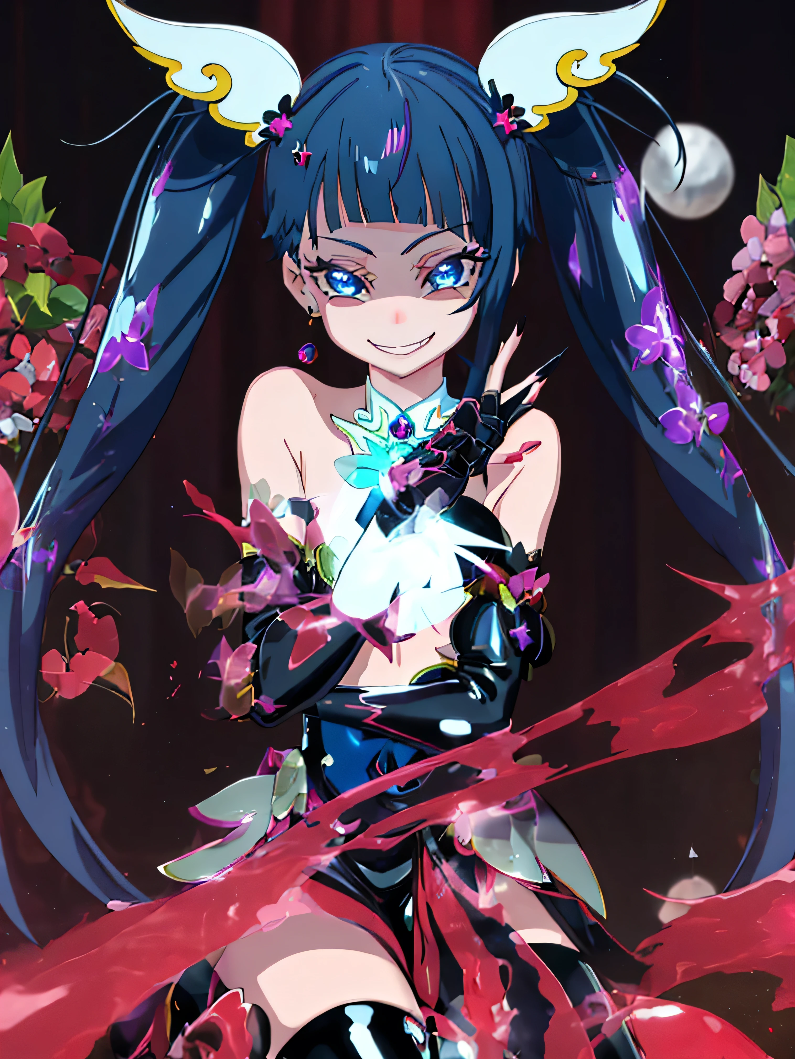 Highest quality, Very detailed,One Girl, alone, {cure_null_hirogarunullprecure:1.15}, Dark blue hair, blue eyes, Blue flames in the eyes, Long Hair, Twin tails, Magical girl, bangs, Open your mouth, Redhead, multicoloRedhead, One Girl, blunt bangs, Darken your clothes, hair ornaments, Wicked Smile, devilish aura (Shiny fabric:1.5), Full Body Shot, Purple Gemstone, attractive, blush, (Beautiful attention to detail:1.6), Very detailed顔, Perfect lighting, Extremely detailed CG, (Perfect hands, Perfect Anatomy), devil, Red and black color scheme, Shiny material, Grin, Black ribbon, black satin gloves, Evil clover leaf ornament, Black frills, jewelry, corruption, Latex Gloss, Black Gothic Cape, Wicked Smile, Dark World Background, , cloudy null, CG Style, One-sided black wing,Dark shadowed face,Sadistic smile,Malice,Contempt,smile,black,Perfect hands,Perfect body,shiny latex Elbow full gloves
