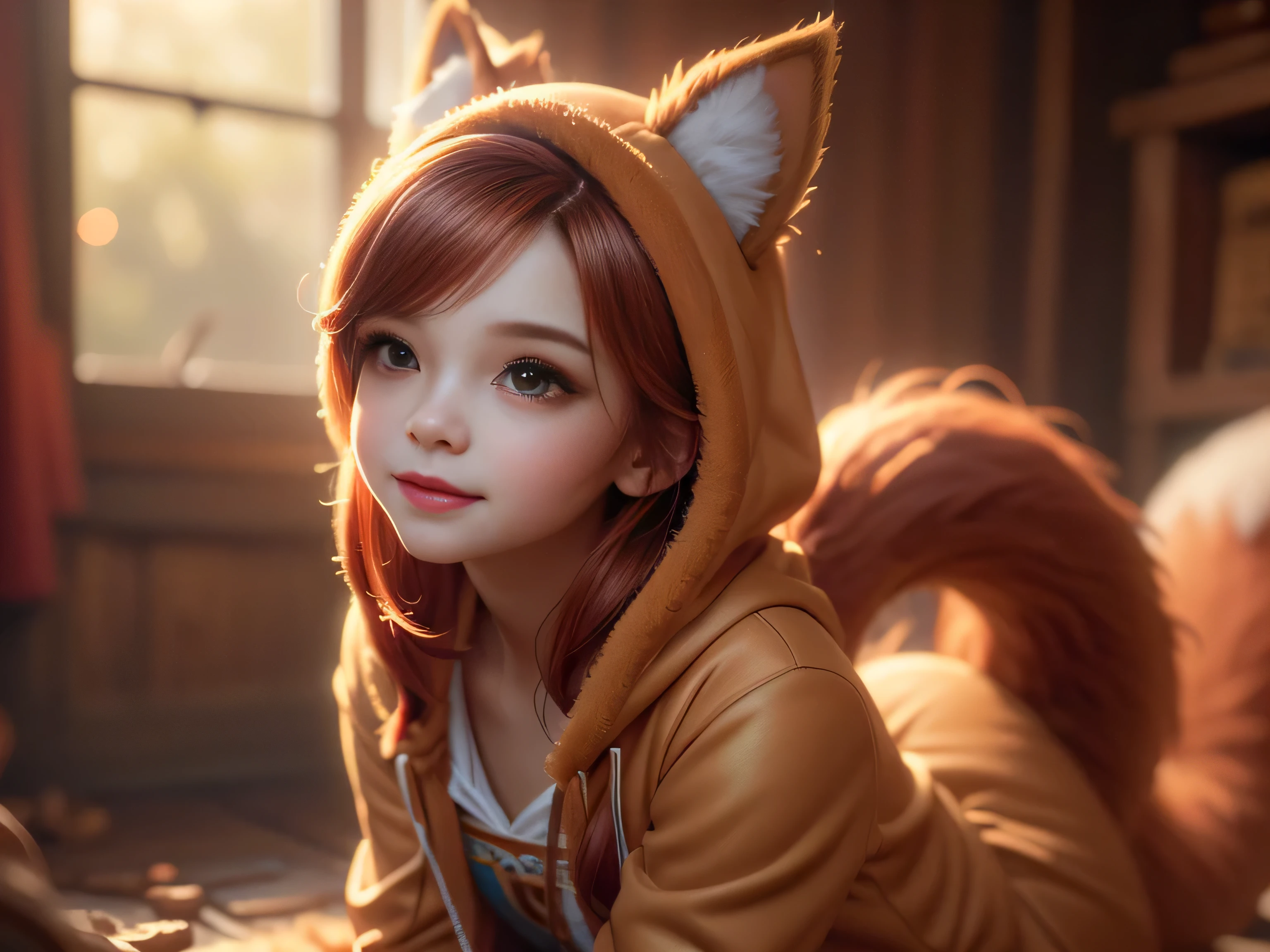 (Best Quality, Super Detailed, masterpiece, representative work, official art, professional, super high detail, 8k:1.3) Cute girl face, ginger hair, ((brown)) eyes, 1 girl, fox costume, hood, fox tail, furry, kneeling, girl dressed as furry, Vivid colors, Red hair, Innocent expressions, Playful features, Natural lighting, Soft background, Photorealistic, Shining eyes, Sharp focus, Glowing skin, Sweet and mischievous look, Hint of mischief, Dreamy atmosphere, Delicate details, soft volumetric light, (backlight:1.3), (cinematic:1.2), intricate details, (ArtStation:1.3)