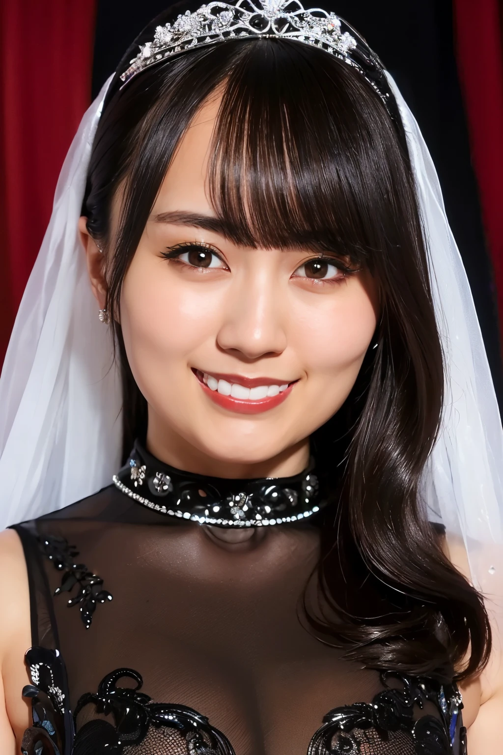 ((Highest quality、masterpiece、、Best image quality、Ultra-high resolution、Award-winning works)、(black wedding dress:1.5)、(Accurate anatomy:1.1)、Tiara、(smile:1.1)、Ultra-high resolution for bright and fair skin、The most detailed face、Ultra-high resolution detailed face、Ultra-high resolution hair、Ultra-high resolution eyes、Beautiful face drawn in every detail、(church:1.1)、beautiful japanese actress face、((upper body:1.6))、Beautiful breasts, solo, snapshot