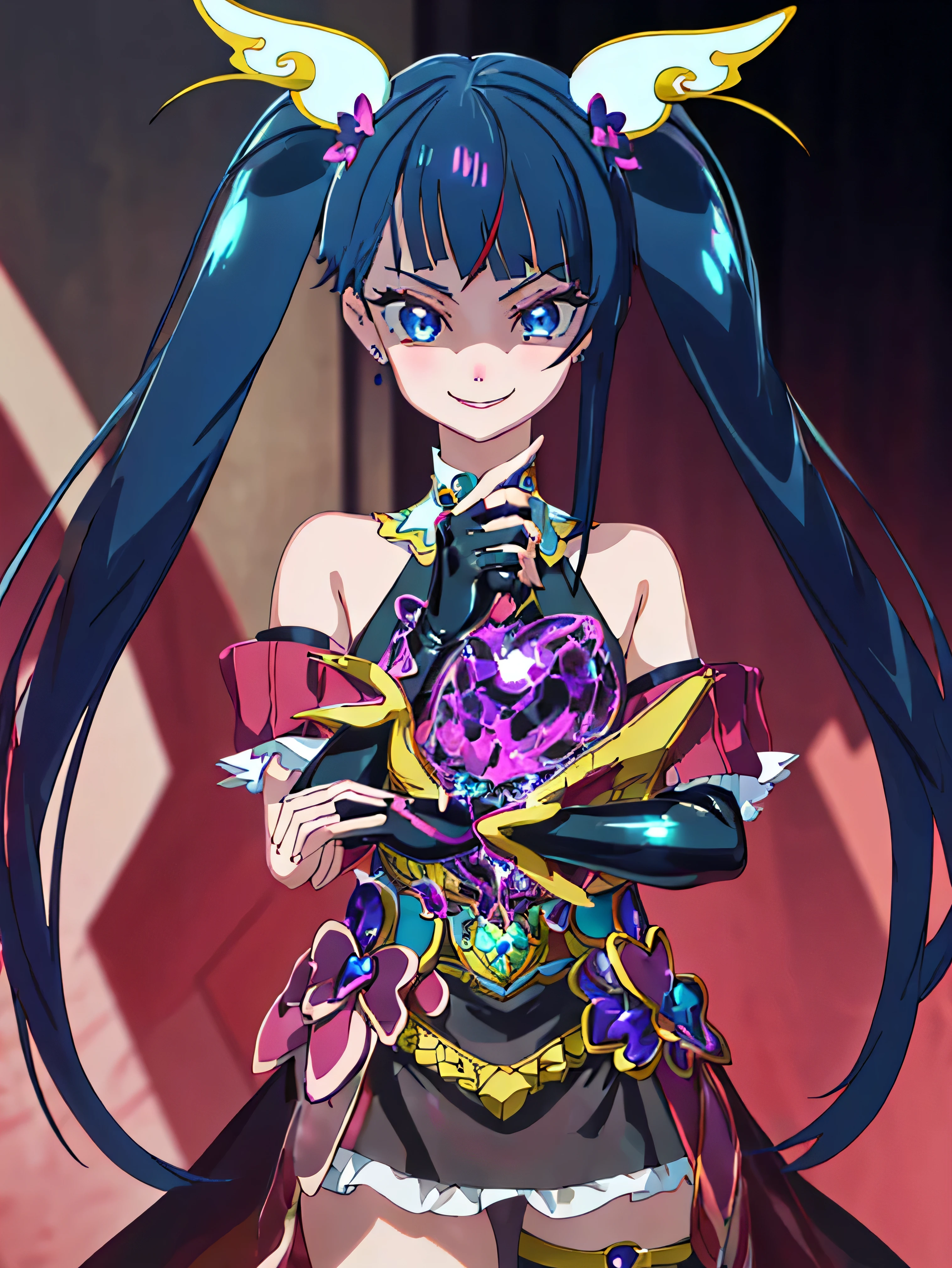 Highest quality, Very detailed,One Girl, alone, {cure_null_hirogarunullprecure:1.15}, Dark blue hair, blue eyes, Blue flames in the eyes, Long Hair, Twin tails, Magical girl, bangs, Open your mouth, Redhead, multicoloRedhead, One Girl, blunt bangs, Darken your clothes, hair ornaments, Wicked Smile, devilish aura (Shiny fabric:1.5), Full Body Shot, Purple Gemstone, attractive, blush, (Beautiful attention to detail:1.6), Very detailed顔, Perfect lighting, Extremely detailed CG, (Perfect hands, Perfect Anatomy), devil, Red and black color scheme, Shiny material, Grin, Black ribbon, black satin gloves, Evil clover leaf ornament, Black frills, jewelry, corruption, Latex Gloss, Black Gothic Cape, Wicked Smile, Dark World Background, , cloudy null, CG Style, One-sided black wing,Dark shadowed face,Sadistic smile,Malice,Contempt,smile,black,Perfect hands,Perfect body,shiny latex Elbow full gloves