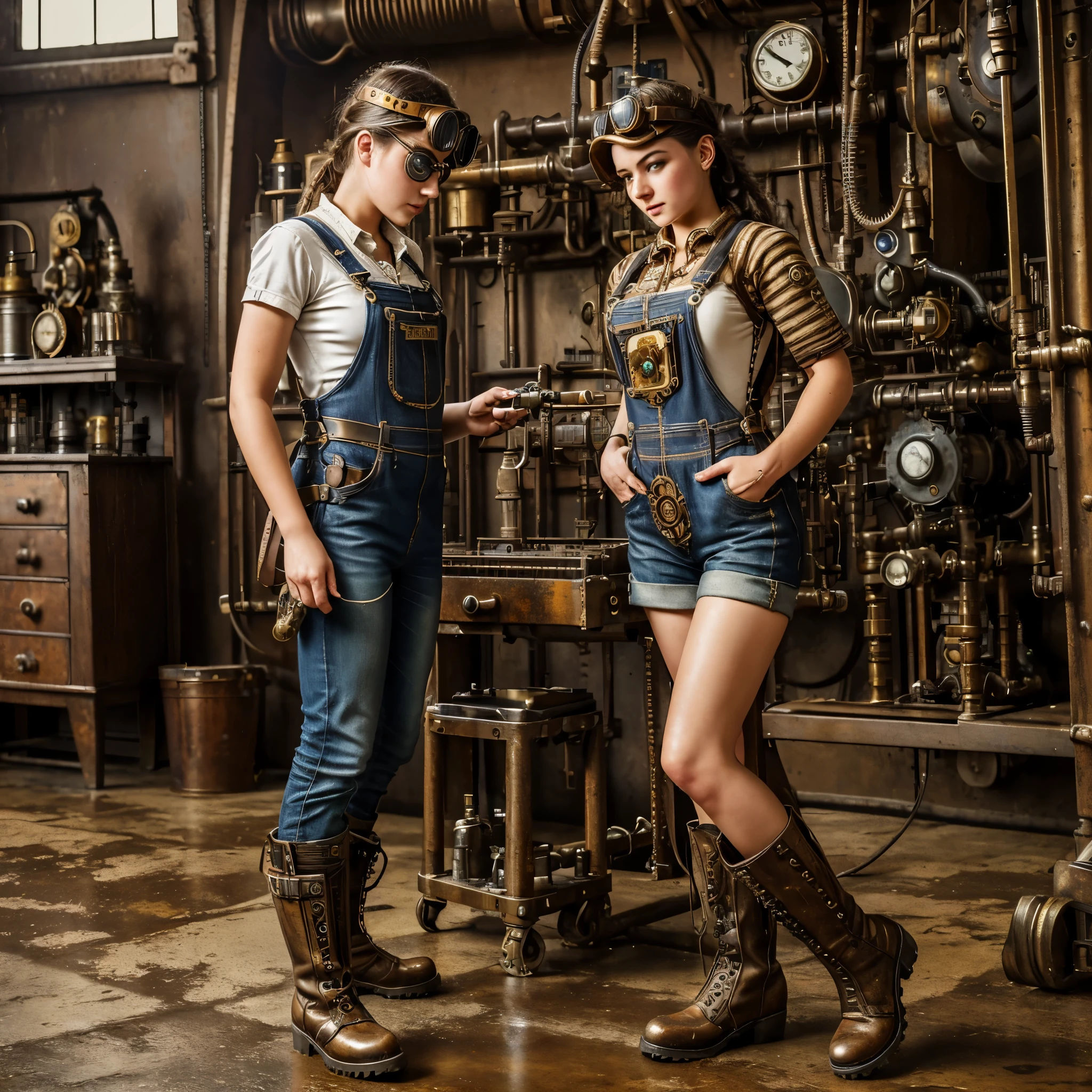 Full body Portrait photograph of a cute pretty fashionable smiley ager girl wearing a mechanical steampunk backpack with enormous gigantic metal wings, posing cool and in light gray steampunk corset and jumpsuit and red long boots in a steampunk garage, perfect detailed face, wavy ginger hair, detailed symmetric dark green eyes with circular iris, fine steampunk details, intercom headset, steampunk choker, intricate steamy background with lots of steam pipes and steam valves and pressure gauges and gears, dusty steampunk garage, warm cinematic lighting, high contrast lighting, trending on ArtStation, hyper photorealism, DSLR, Canon 5D, 8k resolution,