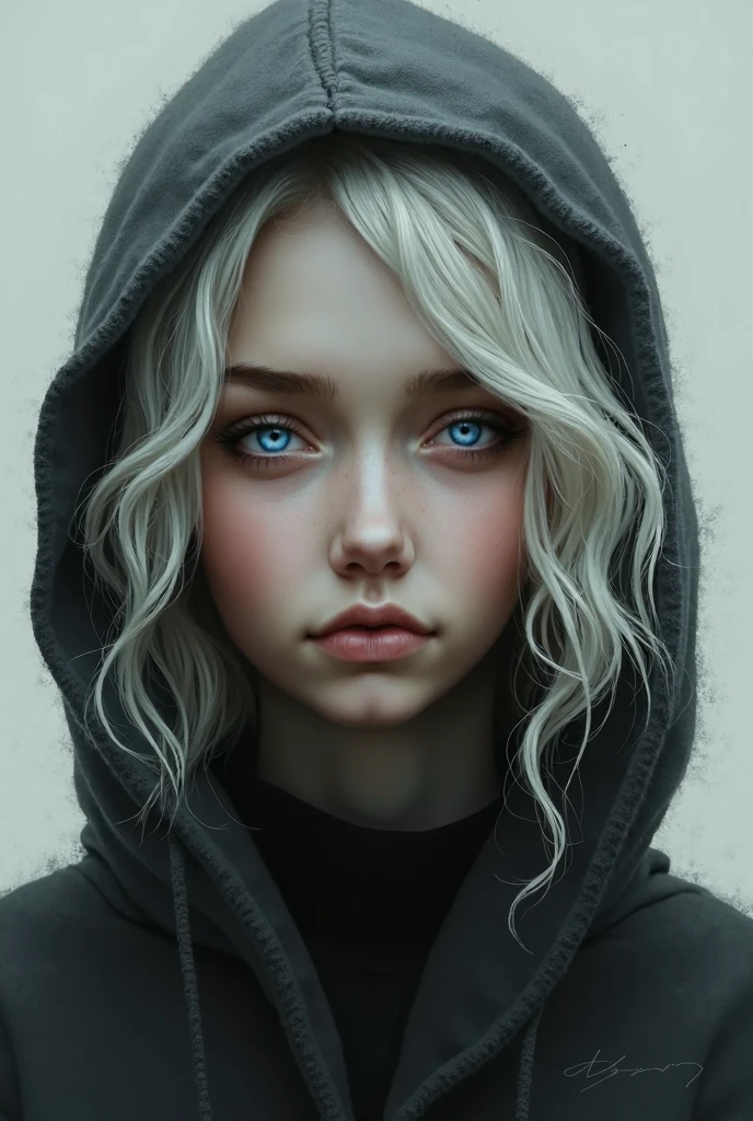 Medium format photography, Anime girl digital artwork, A woman in her 20s, looking at the camera, she has freckles, blue eyes, she has Lush blonde hair, tattoos on neck, wearing a black hoodie, highly detailed, best quality, 8k uhd, Nikon 70d, ISO200, F/2.8, 1/25sec, 70mm