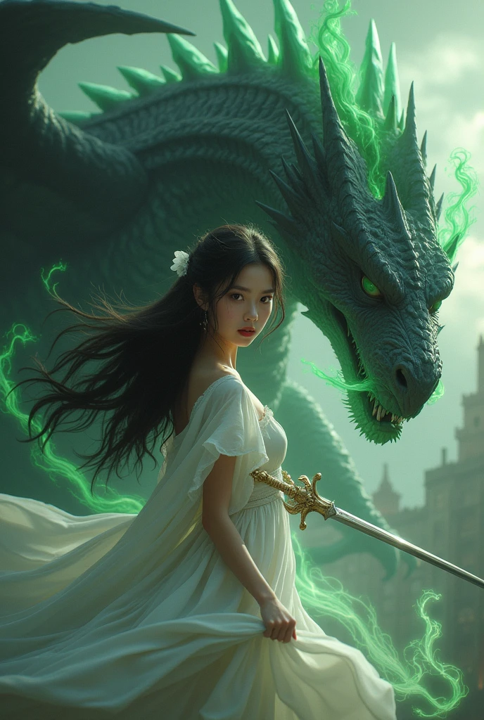 Generate an aerial angle birds eye view image of a  beautiful humanoid dragon girl , face of beautiful  human detailed scale photo realistic with menacing wings, color red and silver unreal engine standing , getting out from the swamp with floating algae , dynamic pose with a background full of large vines dramatic angle view high coloration 4k resolution but