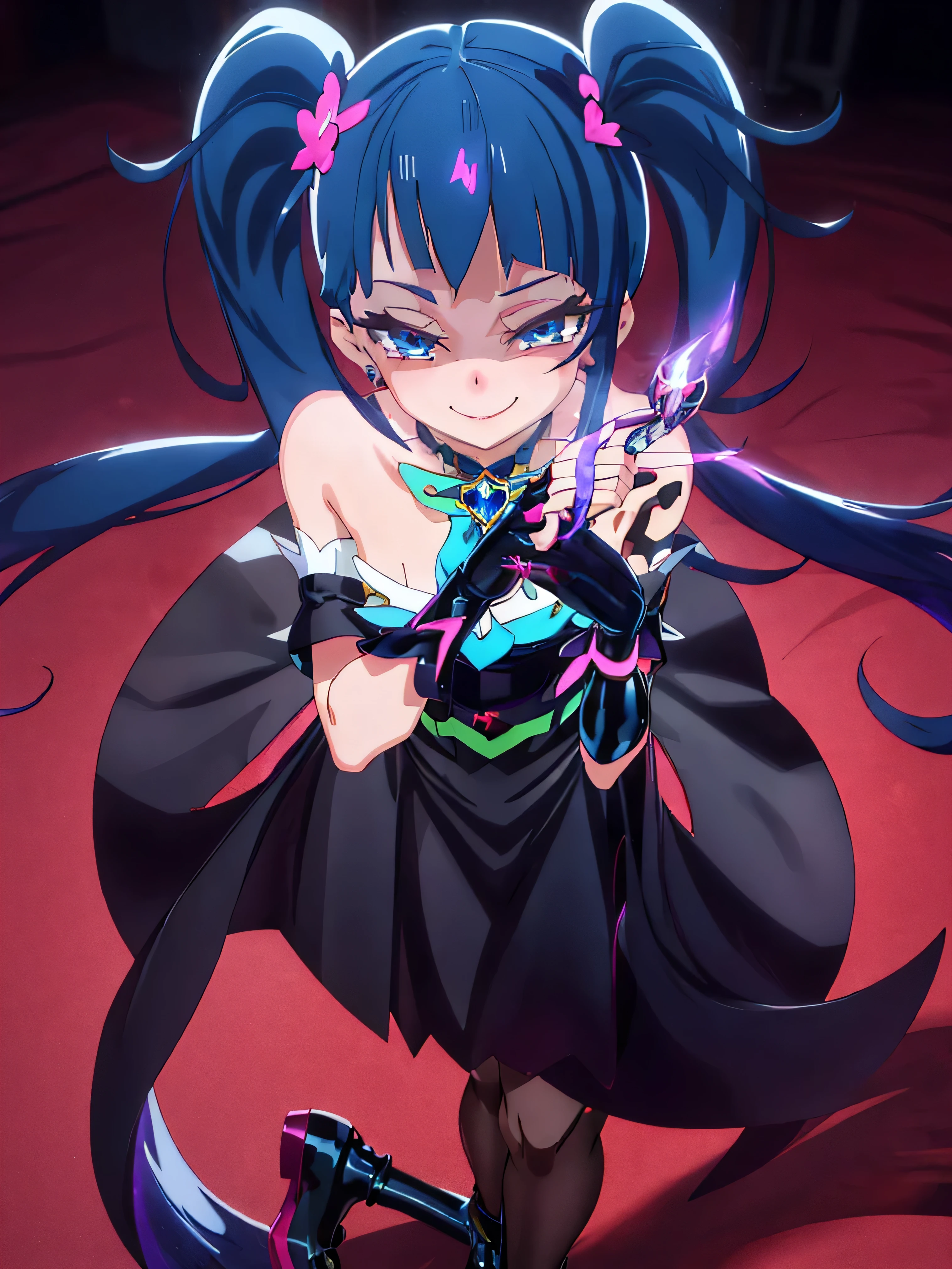 Highest quality, Very detailed,One Girl, alone, {cure_null_hirogarunullprecure:1.15}, Dark blue hair, blue eyes, Blue flames in the eyes, Long Hair, Twin tails, Magical girl, bangs, Open your mouth, Redhead, multicoloRedhead, One Girl, blunt bangs, Darken your clothes, hair ornaments, Wicked Smile, devilish aura (Shiny fabric:1.5), Full Body Shot, Purple Gemstone, attractive, blush, (Beautiful attention to detail:1.6), Very detailed顔, Perfect lighting, Extremely detailed CG, (Perfect hands, Perfect Anatomy), devil, Red and black color scheme, Shiny material, Grin, Black ribbon, black satin gloves, Evil clover leaf ornament, Black frills, jewelry, corruption, Latex Gloss, Black Gothic Cape, Wicked Smile, Dark World Background, , cloudy null, CG Style, One-sided black wing,Dark shadowed face,Sadistic smile,Malice,Contempt,smile,black,Perfect hands,Perfect body,shiny latex Elbow full gloves