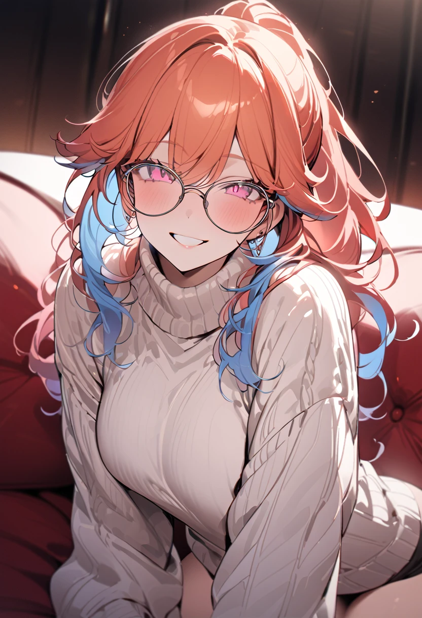 ((masterpiece,High resolution,Highest quality))
(Mature 2,One Fair-skinned woman,Very small waist,Big breasts)(erection atmosphere,Seductive eyes)(orange Ponytail long hair with Blue highlights curled into a curl at the end, and two curled strands in front, Light Pink eyes,Sharp Eyes)(Comfortable oversized sweater, White glasses, smiling, Happy, in the couch)