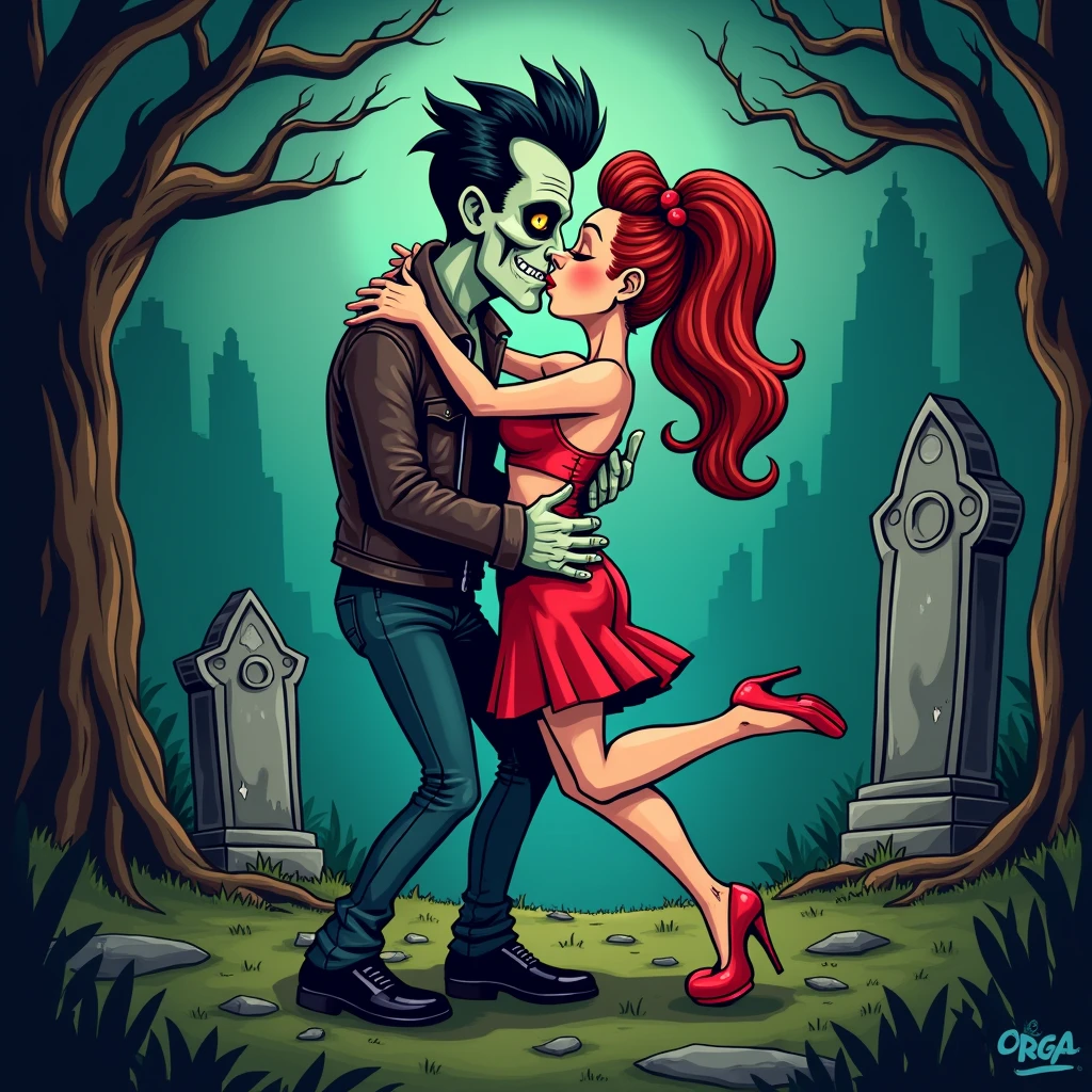 hand drawing cartoon style 2d stick figure of a loving couple pink  zombie entangled in a creeper , hearts, very detailed, high quality