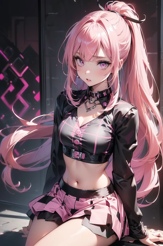 ((The best quality)), ((masterpiece)), (detailed), (4k), (8K), 1girl, beautiful anime girl, glowing face and skin, rostro detailed, aesthetic hands, light pink lipstick, light purple eyes, (long pink hair and bangs: 1,5), (half ponytail hairstyle), pink cat ears. Rebel Eyeliner, provocative look, Pink eyes. (((Pink and black checkered print crop top 1,5))), (((Short skirt with pink and black checkered print))), (((black jacket below the shoulders))), black thigh high stockings, silver necklace, ahegao, perfect proportions, In a room, standing, posing, night, neon lights. view from above. (highly detailed textures), ((highly detailed face)).