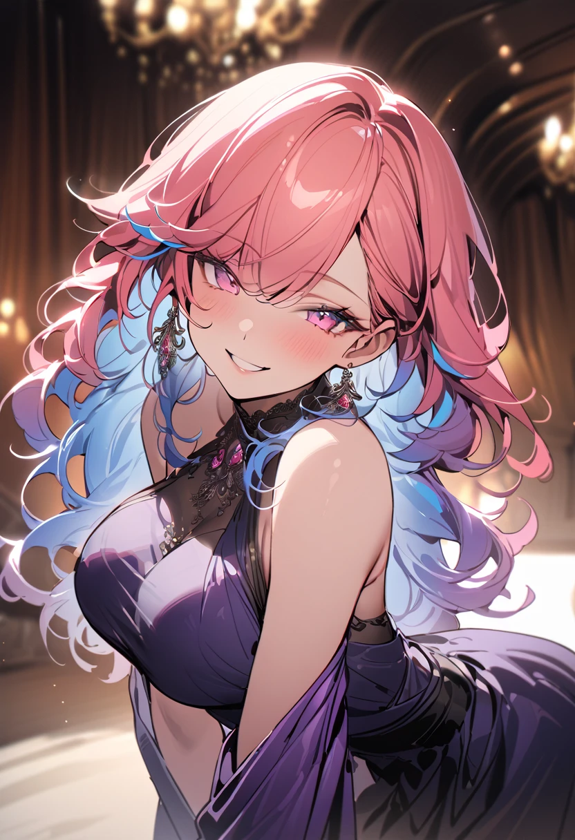 ((masterpiece,High resolution,Highest quality))
(Mature 2,One Fair-skinned woman,Very small waist,Big breasts)(erection atmosphere,Seductive eyes)(orange long hair with Blue highlights curled into a curl at the end, and two curled strands in front, Light Pink eyes,Sharp Eyes)(Gorgeous elegant Purple dress, smiling, Happy, in a Ballroom)