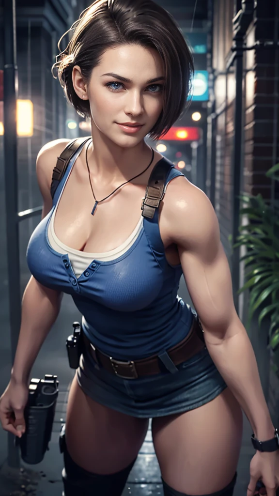 Jill Valentine da resident evil,(best qualityer,4K,8k,high resolution,work of art:1.2)(weather: rain), back alley background, city ruins, short curly hair, brown hair, blue sleeveless top, tight mini skirt, high brown boots, harness, white panties, police gear, combat pose, ultra detailed,portrait,realistic,beautiful detailed blue eyes, beautiful detailed lips,extremely detailed eye and face, long eyelashes,average,large breasts,flying hair,beaming smile, sexy smile,powerful girl, bright coloured, dramatic lighting, dirty clothes,