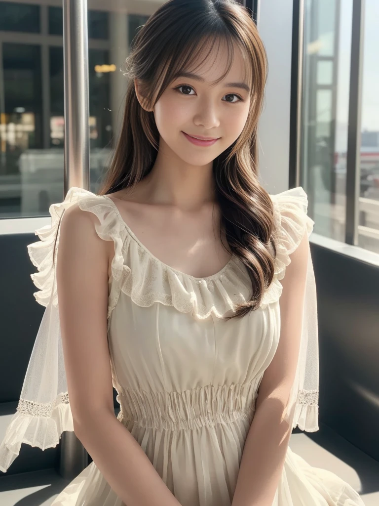 The whole body is visible, (Early autumn date), ((A very sweet and cute girly fashion style outfit decorated with sheer frills.:1.2)),
View the viewers, Japanese female university student, (One Woman:1.2), She is very beautiful, Glowing Skin, Perfect Face, Cute and symmetrical face, 
Light Brown Hair, Medium Hair, Wavy Hair, Hair tied up, Makeup, 
Beautiful Hair, Beautiful Face, Beautiful attention to detail, Beautiful fingers, 
(At the city bus terminal), Standing, (Cute smile), (8k, RAW Photos, Best Quality, masterpiece:1.2), (Realistic, Photorealistic:1.4), Very detailed, Shallow depth of field, Perfect Anatomy, Perfect limbs, Perfect hands, Perfect Eyes, Perfect body, smile, Double eyelids, (Natural Side Lighting, Cinema Lighting), 