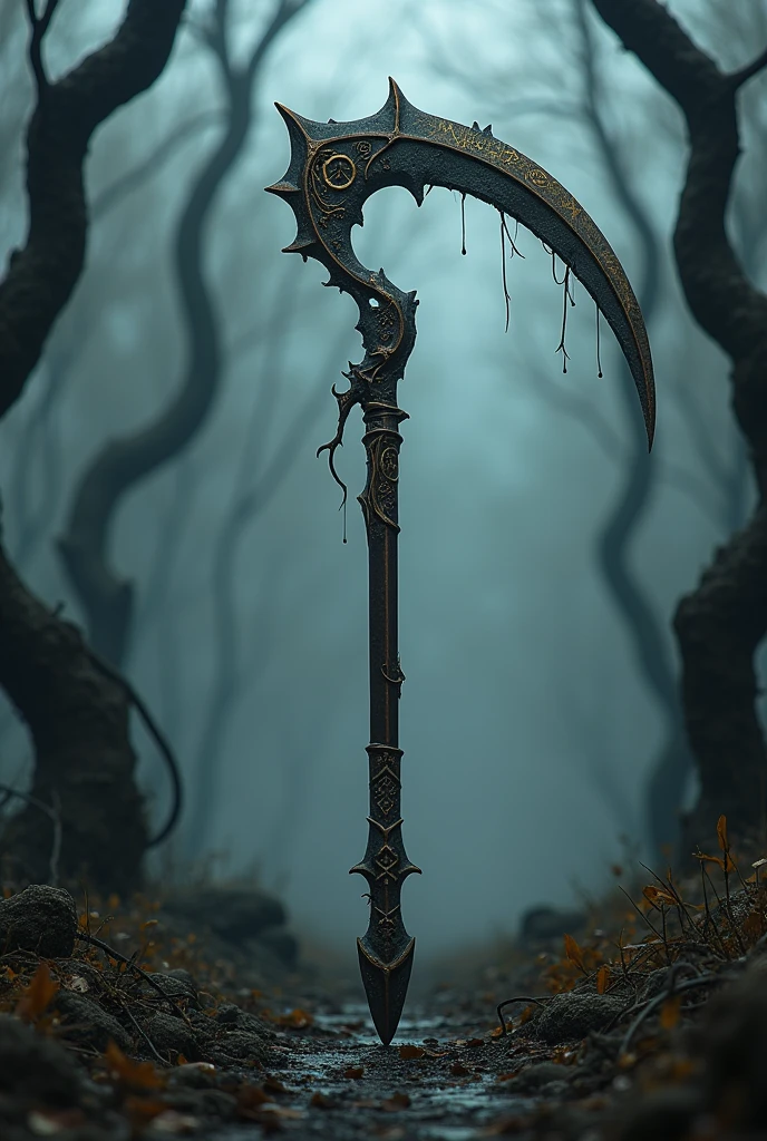 A picture of a long magic wand with a snake head on each side in blue and black with a background of skulls and human corpses