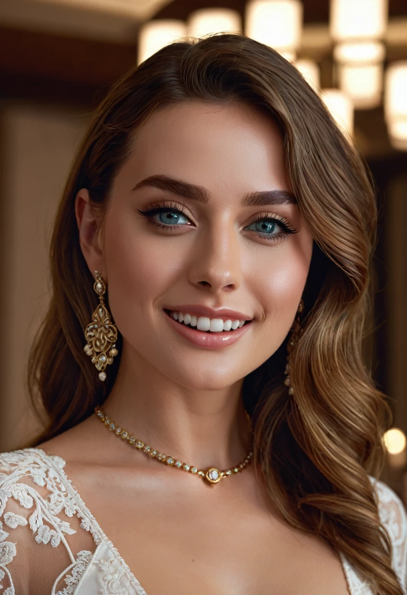 (Masterpiece, Best Quality), intricate details, realist, photorealist, a close up of a woman wearing aretes, , wrapped in crystals, silver color, long aretes, huge earrings, platinum jewelry, arete, impeccable structure, silver arete, detailed skin, skin texture, perfect smile, sensual look, braids in hair