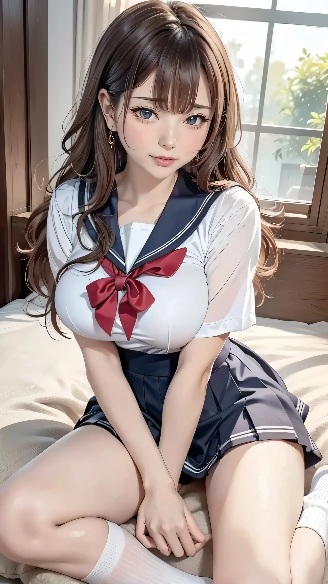 (highest quality:1.2, 4K, 8k, Studio Anime, Very detailed, Latest, Vibrant, High detail, High Contrast, masterpiece:1.2, highest quality, Best aesthetics), (((1 girl))), Sit and pose, jk, Sailor suit, Pleated skirt, loose socks, loafers, Please open your mouth a little:1.2, smile, Dynamic Angle, look up:1.3, Friendly atmosphere, Beautiful Hair, Shiny Hair, Beautiful Skin, detailed face and eyes, Glossy lips, female curvy beauty, Striking contrast,