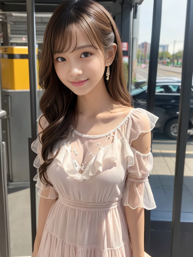 The whole body is visible, (Early autumn date), ((A very sweet and cute sheer girly fashion style outfit decorated with frills.:1.2)),
View the viewers, Japanese female university student, (One Woman:1.2), She is very beautiful, Glowing Skin, Perfect Face, Cute and symmetrical face, 
Light Brown Hair, Medium Hair, Wavy Hair, Hair tied up, Makeup, 
Beautiful Hair, Beautiful Face, Beautiful attention to detail, Beautiful fingers, 
(At the city bus terminal), Standing, (Cute smile), (8k, RAW Photos, Best Quality, masterpiece:1.2), (Realistic, Photorealistic:1.4), Very detailed, Shallow depth of field, Perfect Anatomy, Perfect limbs, Perfect hands, Perfect Eyes, Perfect body, smile, Double eyelids, (Natural Side Lighting, Cinema Lighting), 