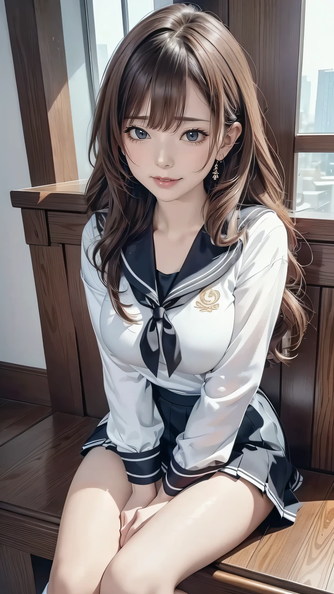 (highest quality:1.2, 4K, 8k, Studio Anime, Very detailed, Latest, Vibrant, High detail, High Contrast, masterpiece:1.2, highest quality, Best aesthetics), (((1 girl))), Sit and pose, jk, Sailor suit, Pleated skirt, loose socks, loafers, Please open your mouth a little:1.2, smile, Dynamic Angle, look up:1.3, Friendly atmosphere, Beautiful Hair, Shiny Hair, Beautiful Skin, detailed face and eyes, Glossy lips, female curvy beauty, Striking contrast,