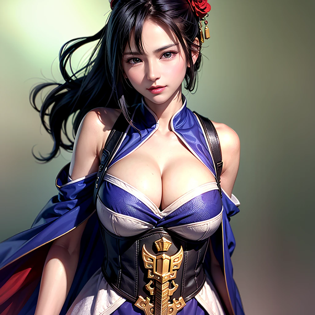 Close-up of a woman in armor and a purple cape, One person,wavy Ponytail,Large breasts and cleavage,Highly detailed face and skin texture,Looking into the camera,Perfect beauty: 1.4, fine grain,double eyelid, Whitening skin,Highest quality,Ultra-high resolution,Simple Background,Chinese Warrior