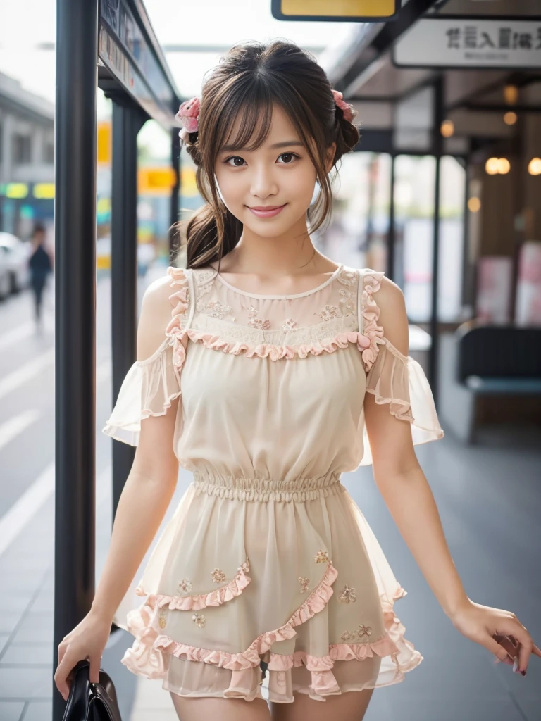 The whole body is visible, (Early autumn date), ((A very sweet and cute sheer girly fashion style outfit decorated with frills and ribbons.:1.2)),
View the viewers, Japanese female university student, (One Woman:1.2), She is very beautiful, Glowing Skin, Perfect Face, Cute and symmetrical face, 
Light Brown Hair, Medium Hair, Wavy Hair, Hair tied up, Makeup, 
Beautiful Hair, Beautiful Face, Beautiful attention to detail, Beautiful fingers, 
(At the city bus terminal), Standing, (Cute smile), (8k, RAW Photos, Best Quality, masterpiece:1.2), (Realistic, Photorealistic:1.4), Very detailed, Shallow depth of field, Perfect Anatomy, Perfect limbs, Perfect hands, Perfect Eyes, Perfect body, smile, Double eyelids, (Natural Side Lighting, Cinema Lighting), 