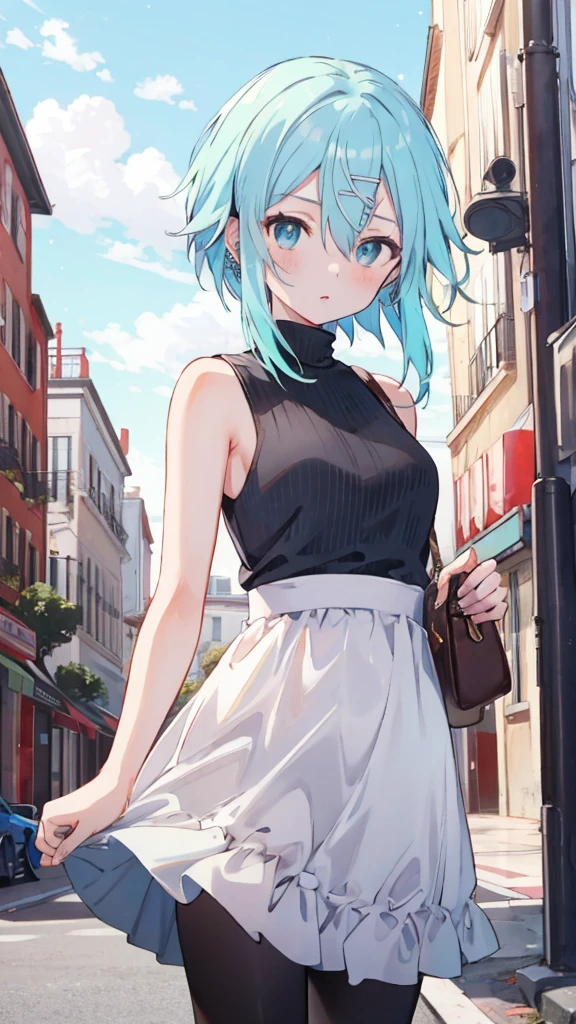 (Top Quality, Masterpiece, 8k:1.2), Ultra Detailed, High Resolution, Anime, 1 Girl, Solo, EPsoaSinon, Short Hair, Light Blue Hair, Detailed Jewel Eyes, Hair Between Eyes, (Hair Accessory:1.2), Hair Clip, Side Locks, city street, dynamic Angle, Cowboy Shot,looking at viewer, turtleneck top, sleeveless top, skirt, black thing high 