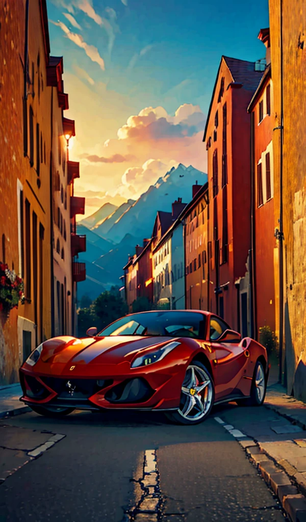 A red Ferrari in a European landscape, clear sky