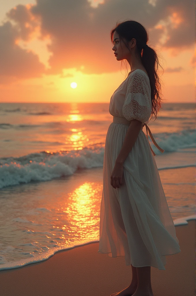 Beautiful woman standing by the sea in white dress --auto